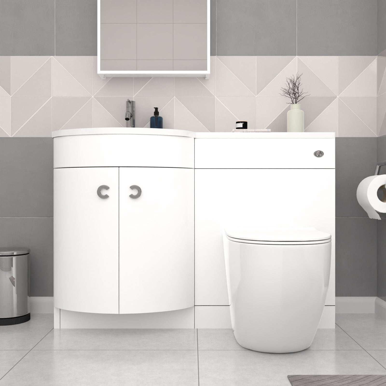 Dene L-Shaped LH 1700mm Shower Bath White Basin Vanity Unit & BTW Rimless Toilet