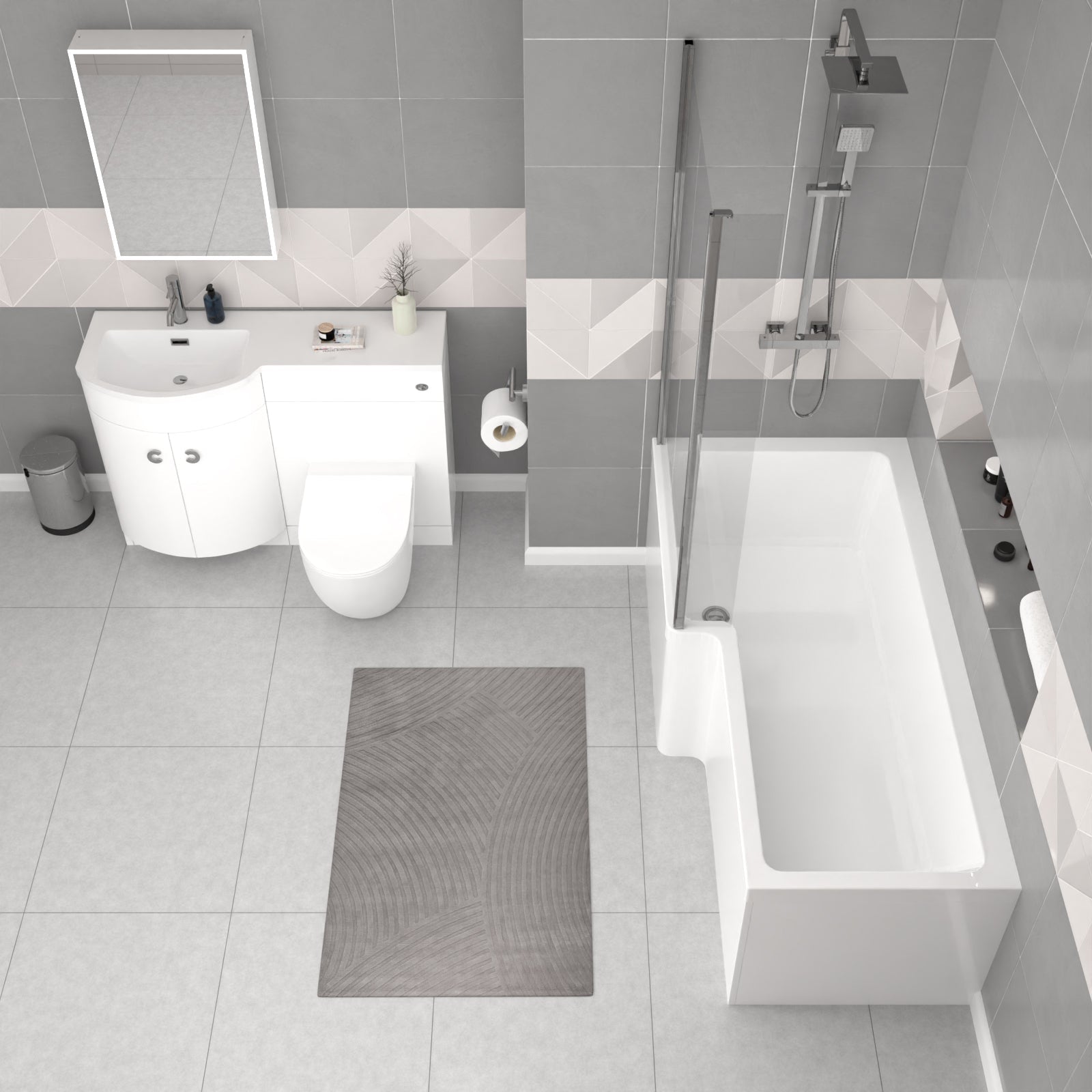 Dene L-Shaped LH 1700mm Shower Bath White Basin Vanity Unit & BTW Rimless Toilet