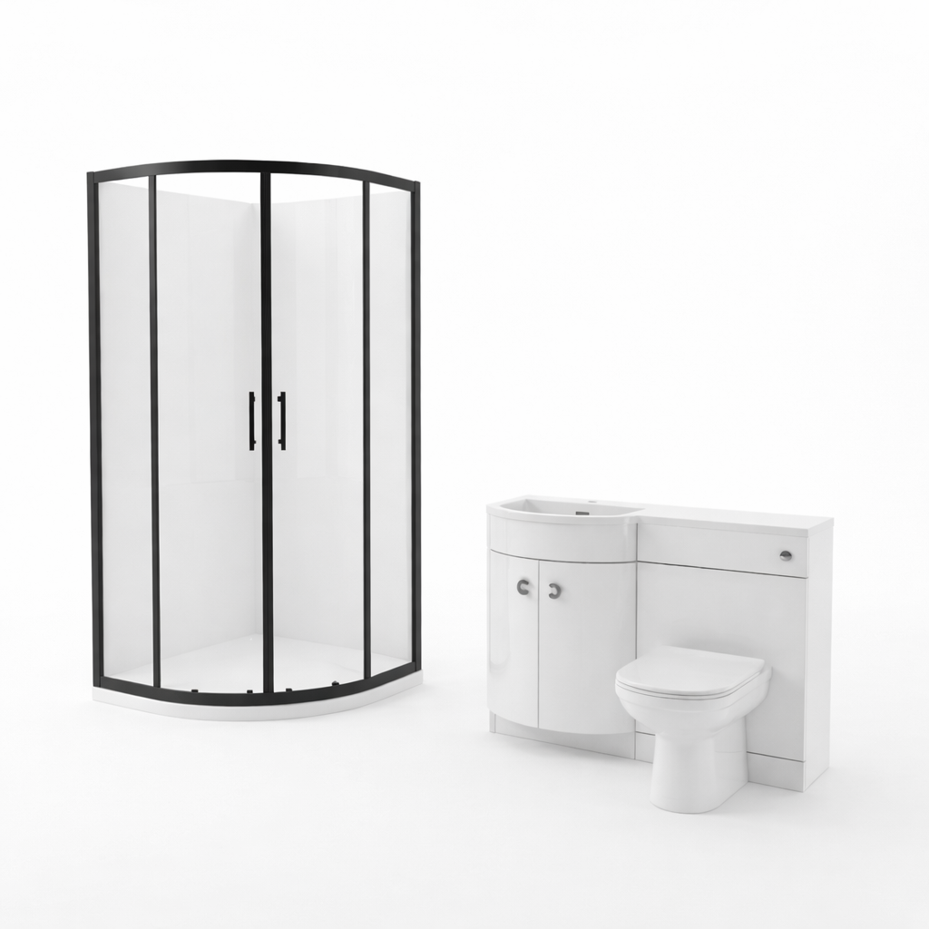 Dene Black Quadrant 900mm Shower Enclosure + LH Vanity Unit & BTW Toilet