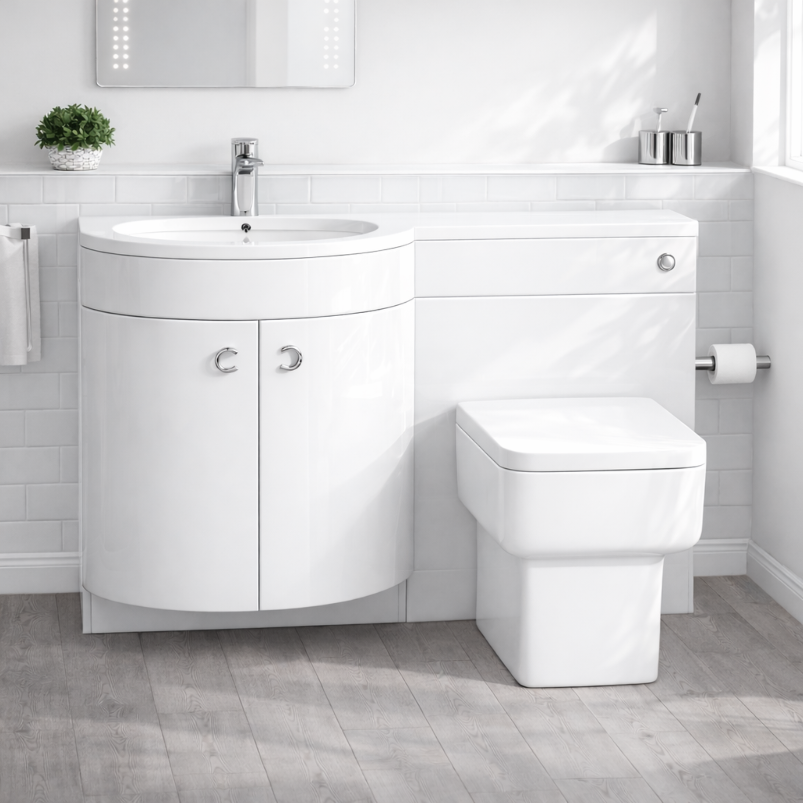 Dene 1100mm P Shaped LH White Vanity Basin Cabinet and Wc BTW Toilet Unit