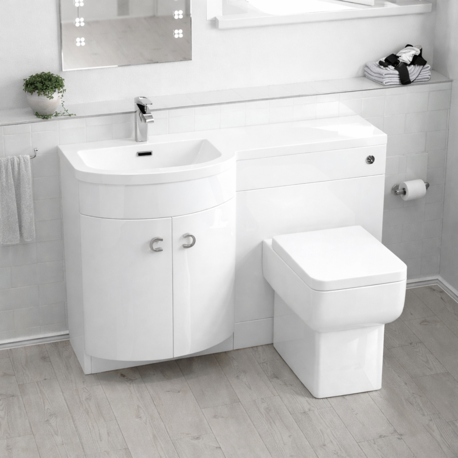 Dene 1100mm P Shaped LH White Vanity Basin Cabinet and Wc BTW Toilet Unit