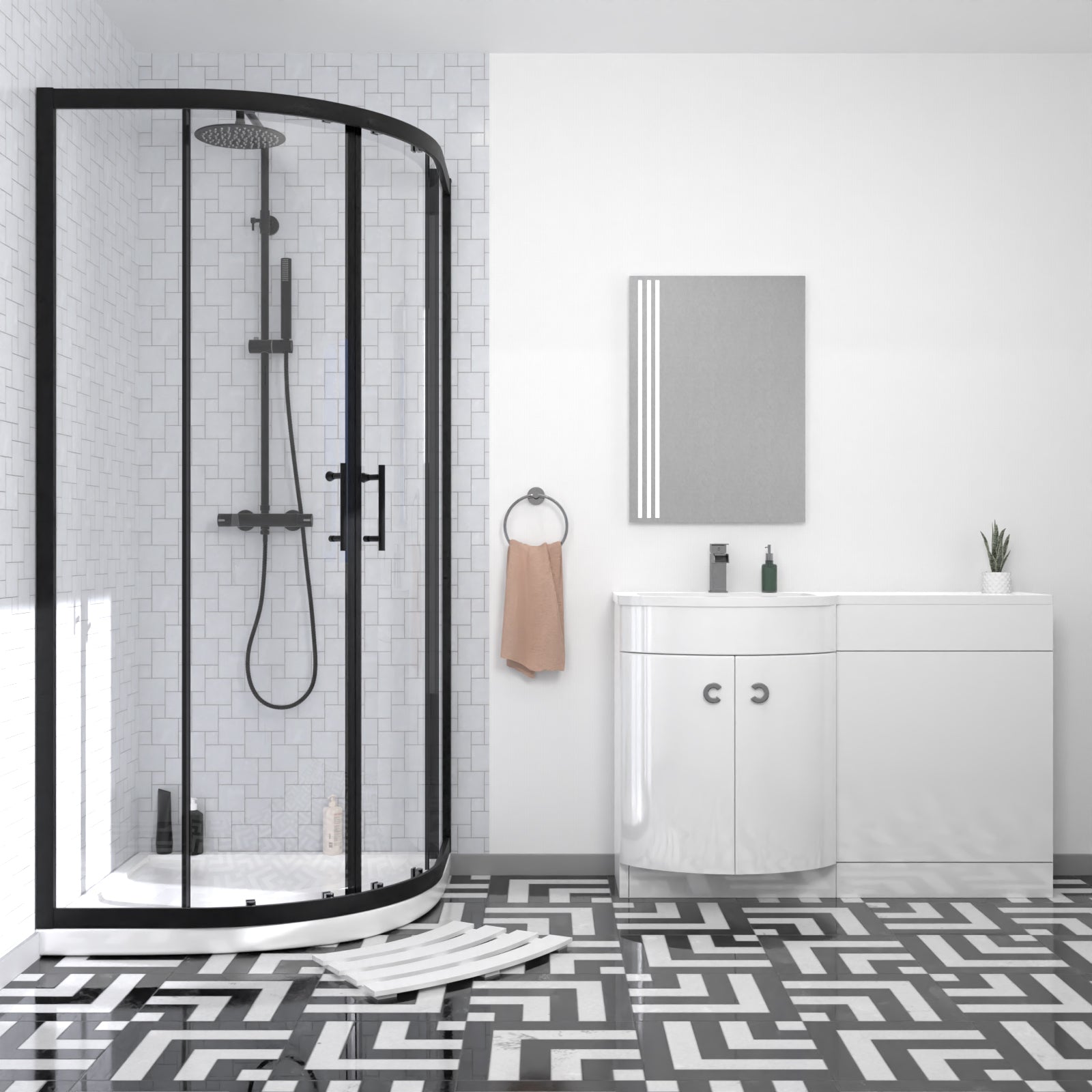 Dene Matte Black Quadrant 900mm Shower Enclosure & Left Hand Vanity Combination Unit