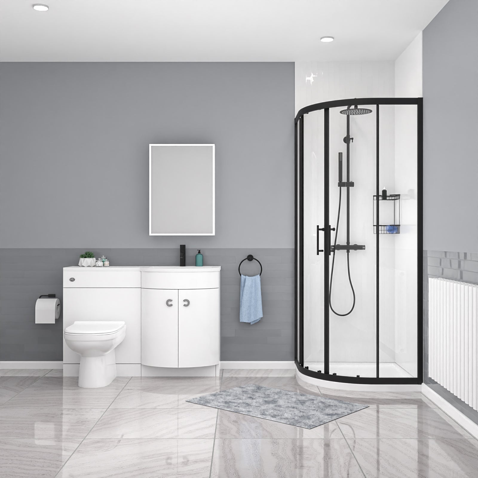 Dene Black Quadrant 800mm Shower Enclosure RH Vanity Unit & BTW Toilet