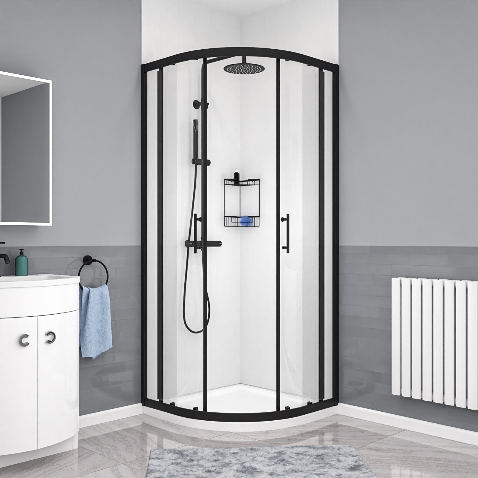 Dene Black Quadrant 800mm Shower Enclosure RH Vanity Unit & BTW Toilet