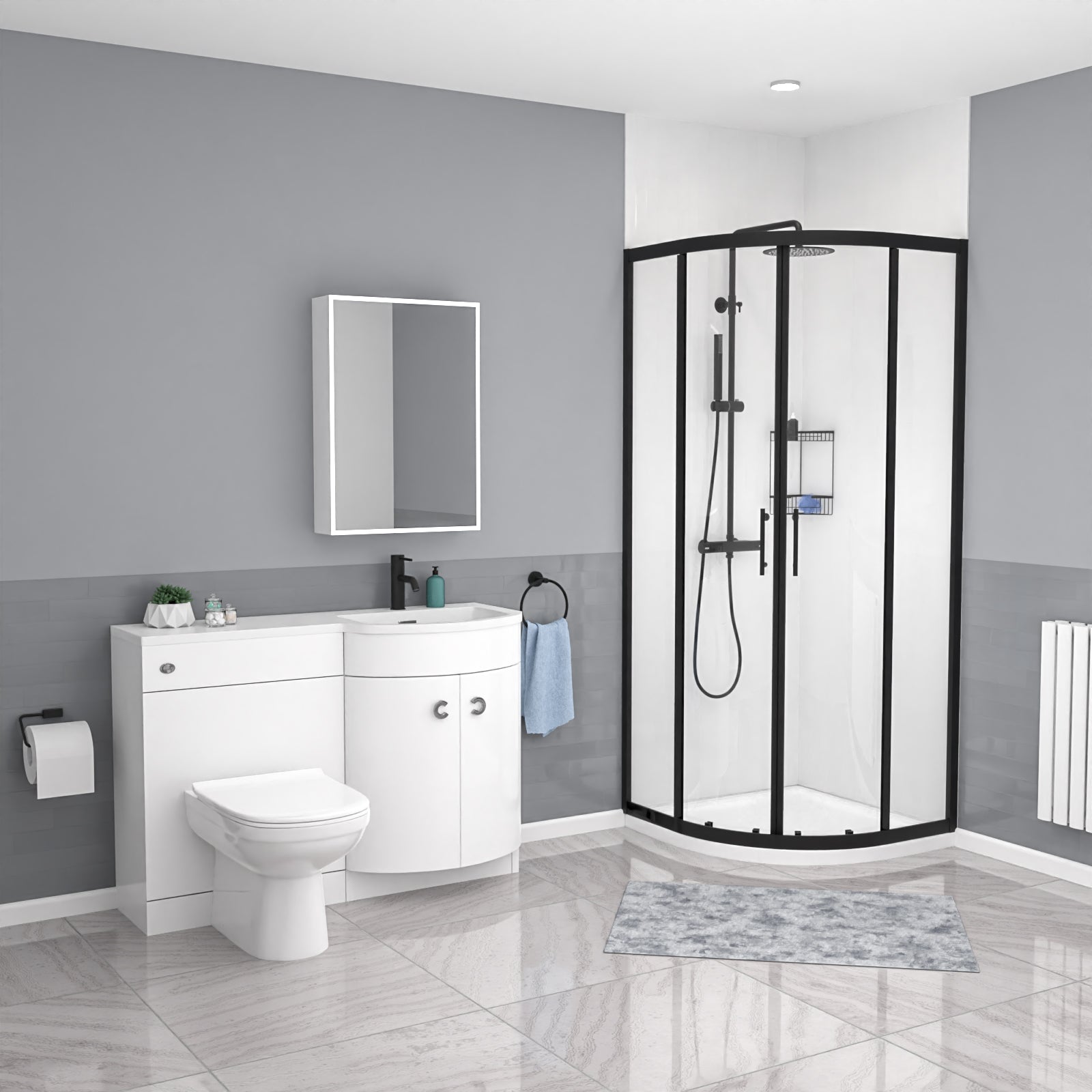 Dene Black Quadrant 800mm Shower Enclosure RH Vanity Unit & BTW Toilet