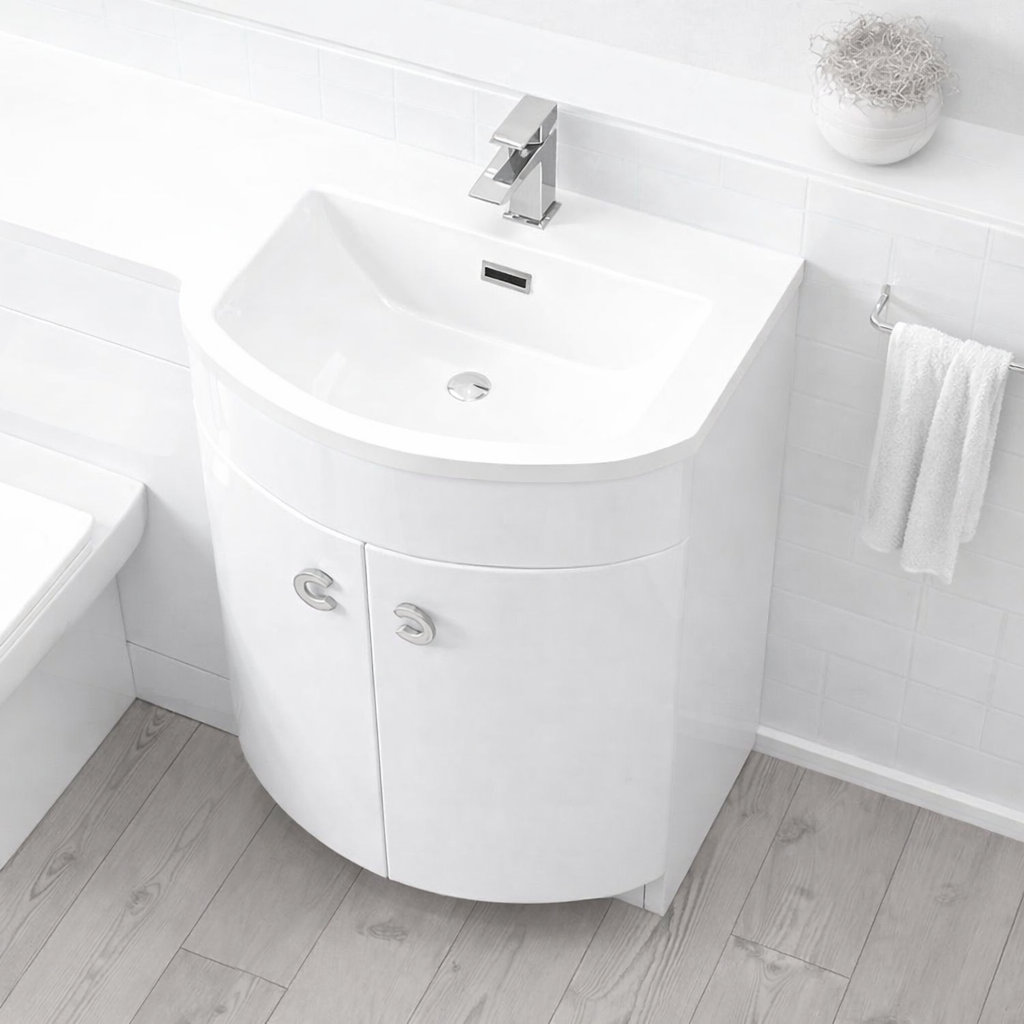 Dene 1100mm P Shaped RH White Vanity Basin Cabinet and Wc BTW Toilet Unit