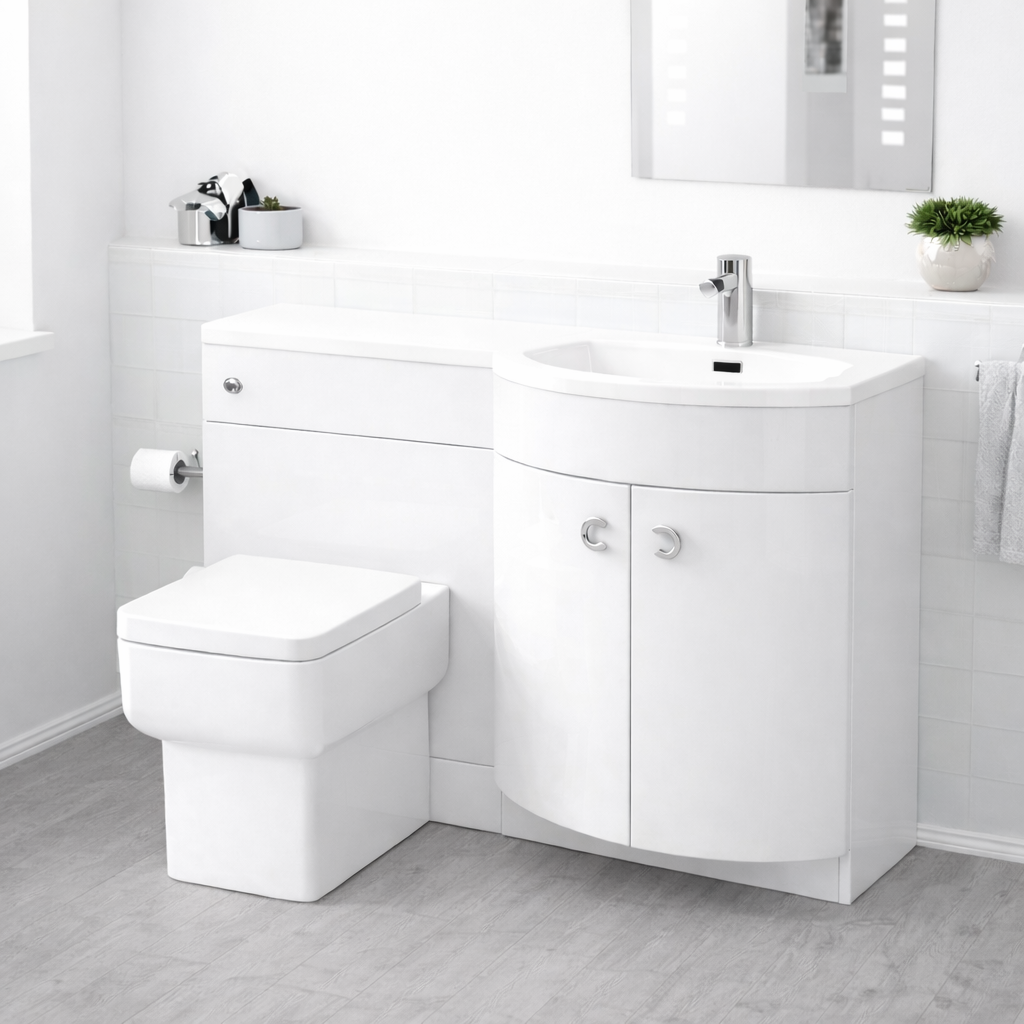 Dene 1100mm P Shaped RH White Vanity Basin Cabinet and Wc BTW Toilet Unit