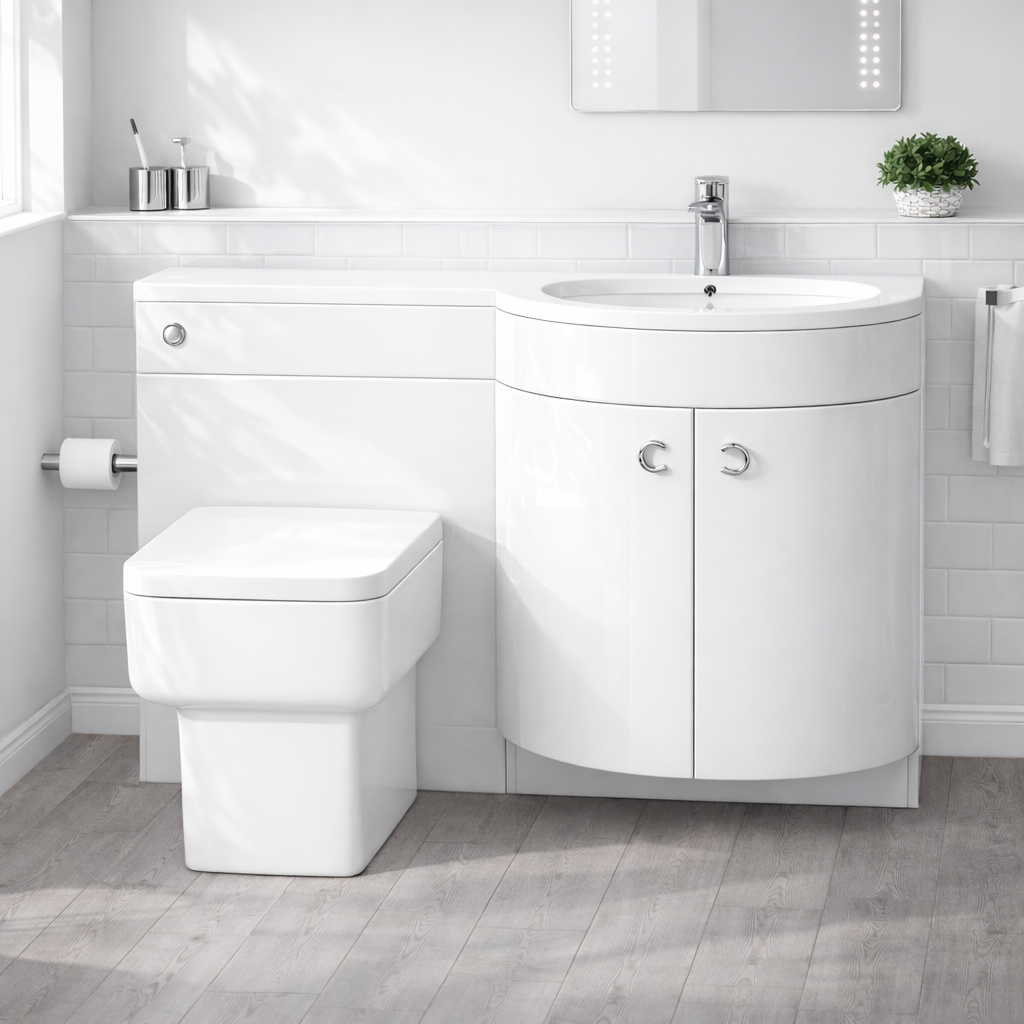 Dene 1100mm P Shaped RH White Vanity Basin Cabinet and Wc BTW Toilet Unit