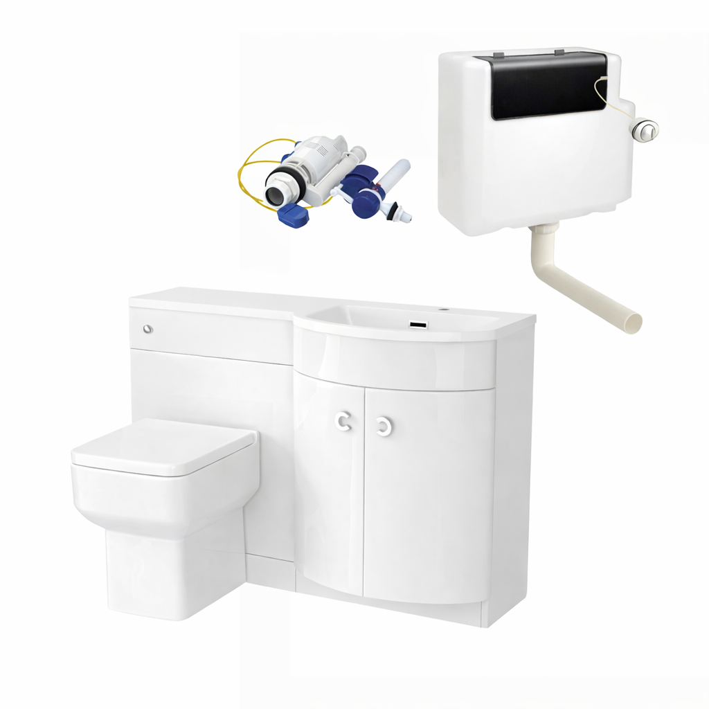 Dene 1100mm P Shaped RH White Vanity Basin Cabinet and Wc BTW Toilet Unit