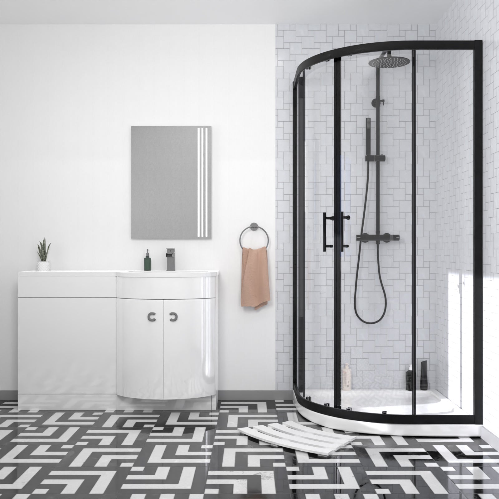Dene Matte Black Quadrant 900mm Shower Enclosure & Right Hand Vanity Combination Unit
