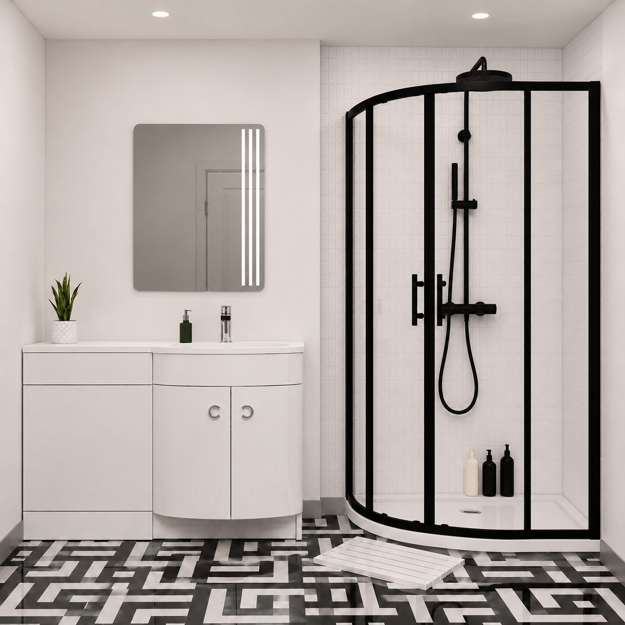 Dene Matte Black Quadrant 900mm Shower Enclosure & Right Hand Vanity Combination Unit