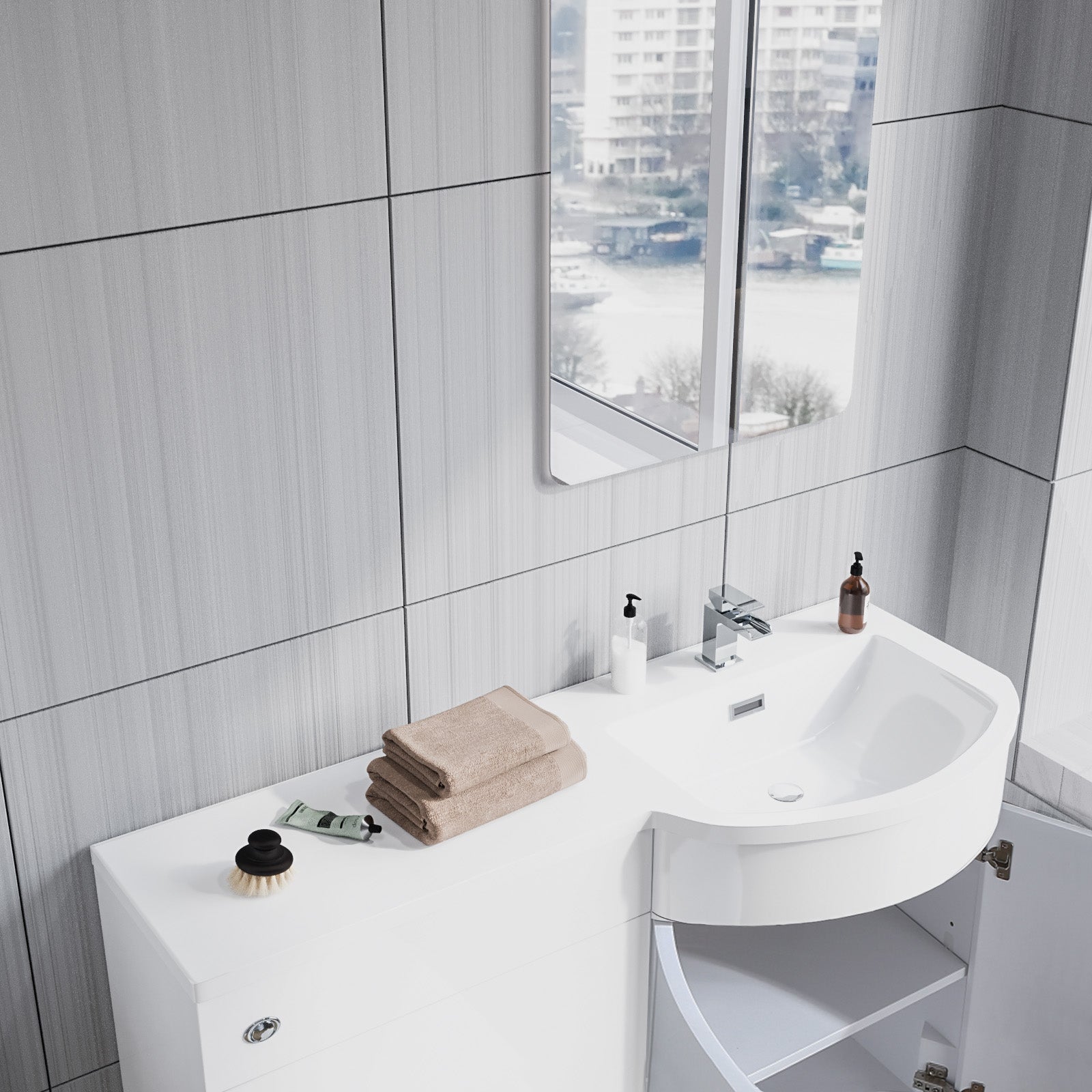 Dene 1100mm LH White Basin Vanity Flat Pack Bathroom, WC Unit, Rimless BTW Toilet
