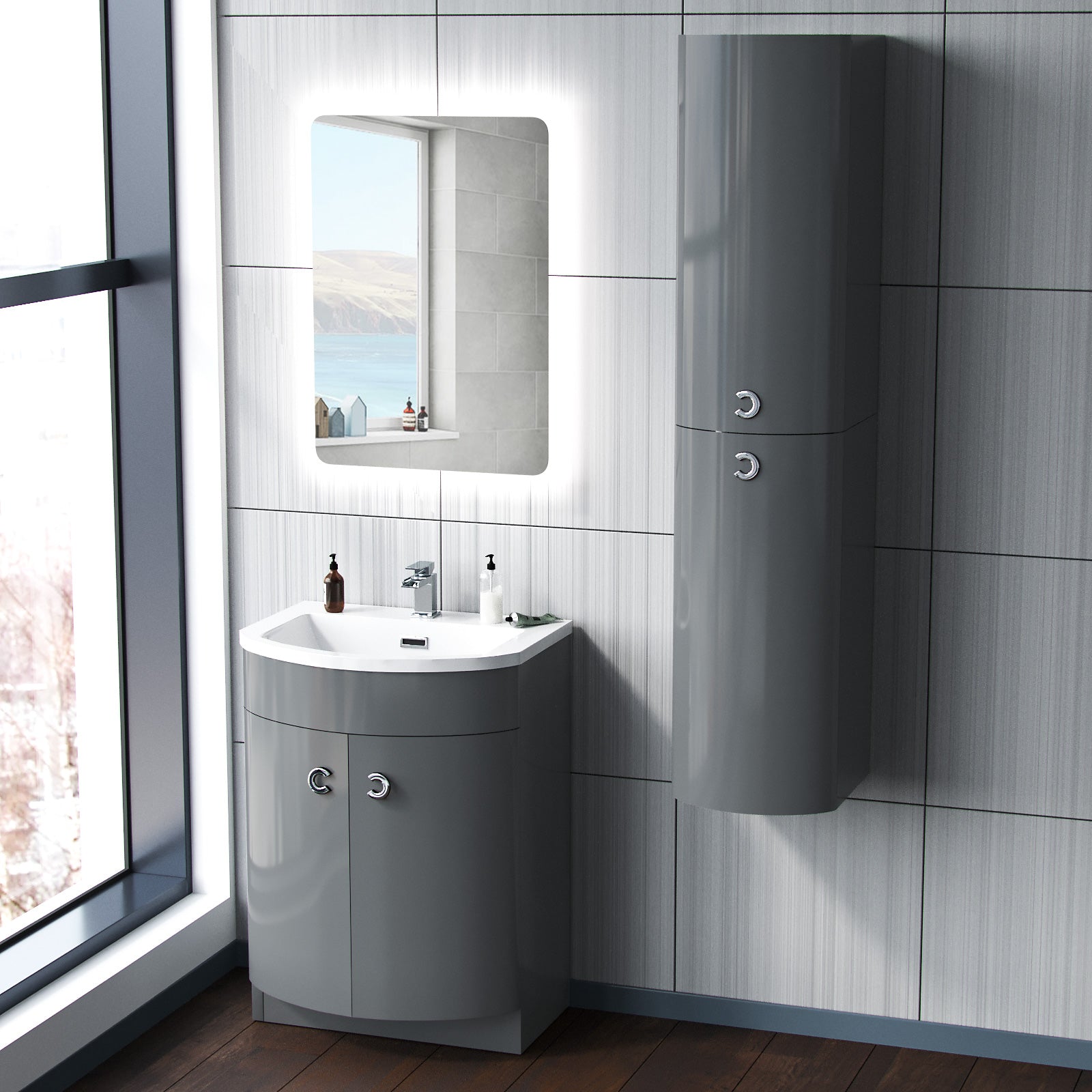 Modern bathroom corner unit with sink, mirror, and storage cabinet.