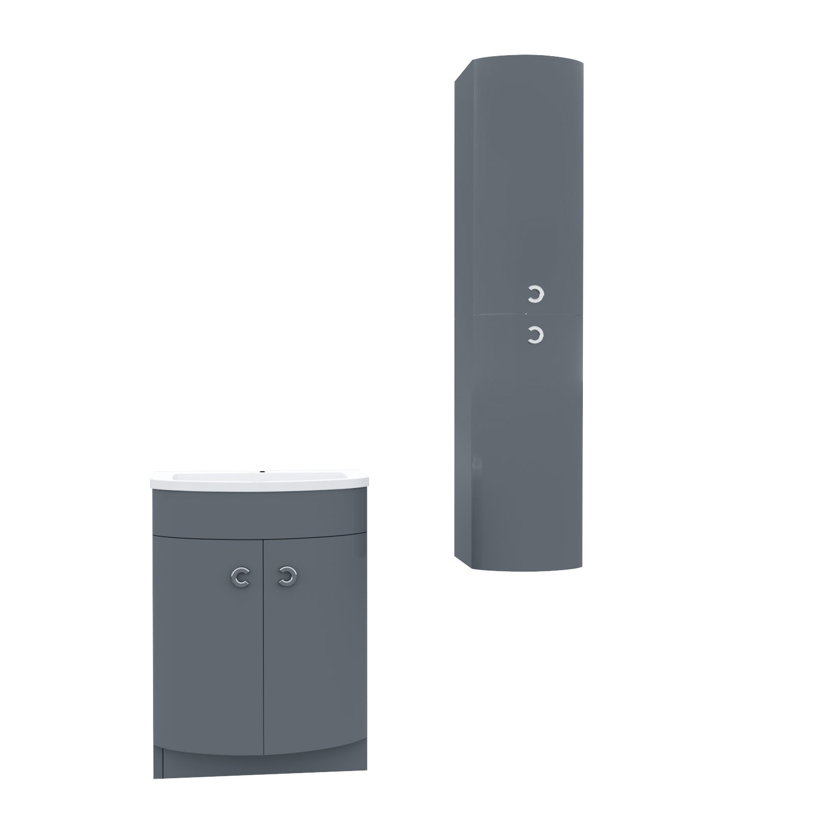 Gray bathroom vanity unit with a white basin and matching wall-mounted cabinet on a white background