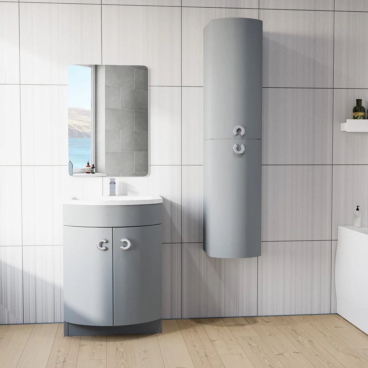 Dene Matte Grey 600mm Freestanding Basin Vanity Unit & Tall Storage Cabinet Bathroom Set