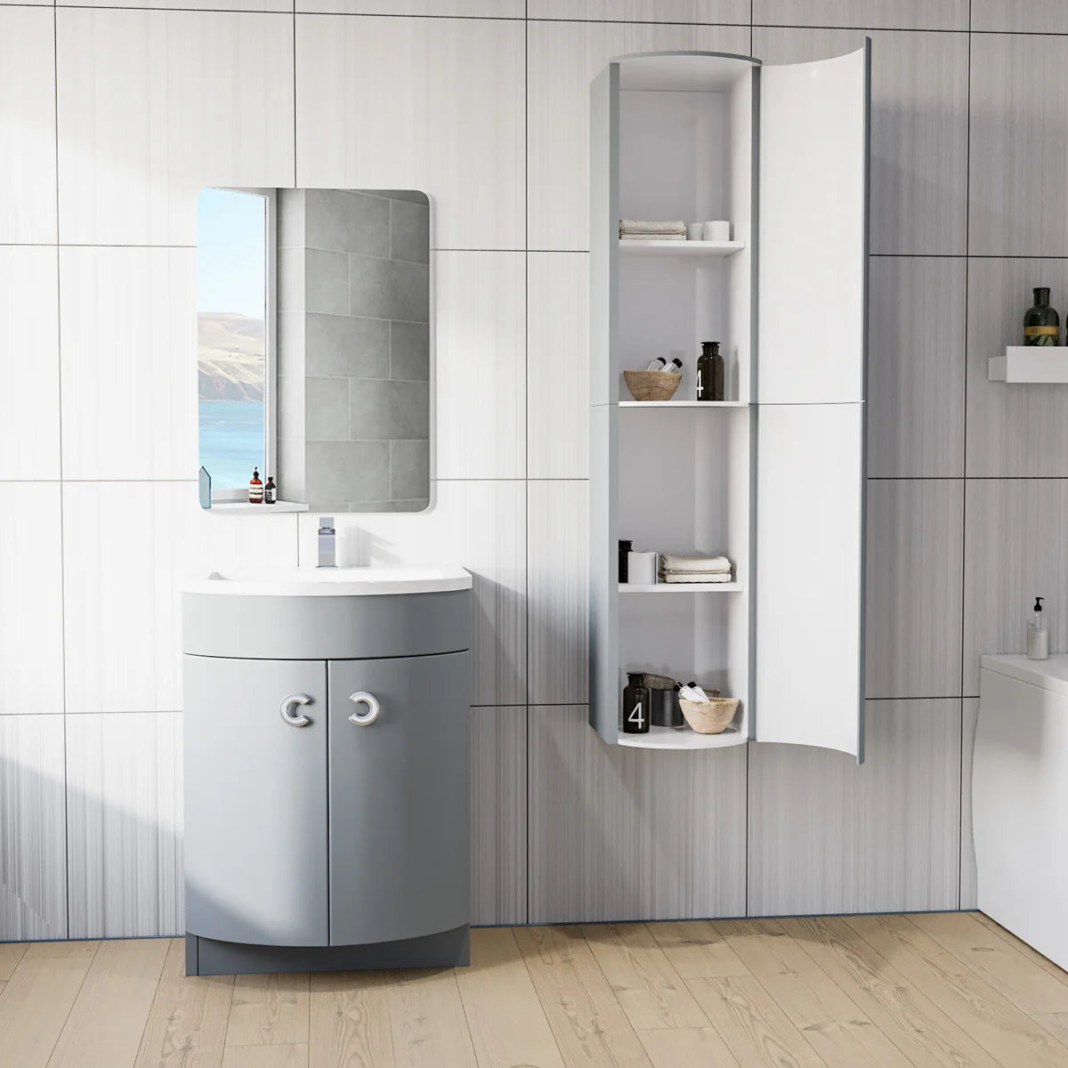 Dene Matte Grey 600mm Freestanding Basin Vanity Unit & Tall Storage Cabinet Bathroom Set