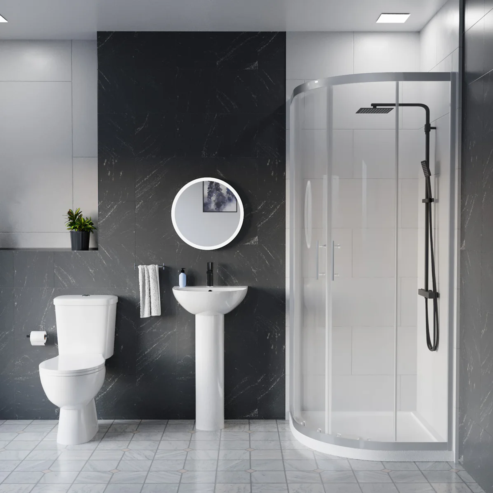 Graham Bathroom Suite - White Close Coupled Toilet, 550mm Pedestal Basin & 900mm Quadrant Enclosure (Tray Included)