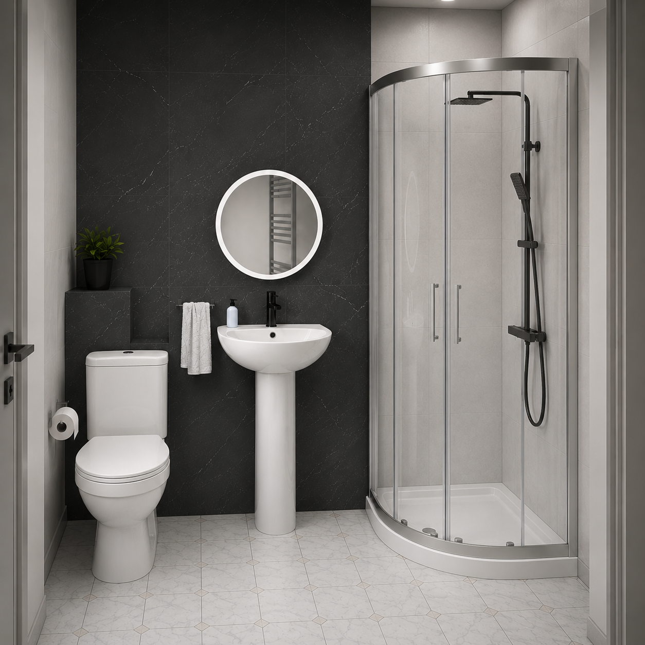 Graham Bathroom Suite - White Close Coupled Toilet, 500mm Pedestal Basin & 900mm Quadrant Enclosure (Tray Included)