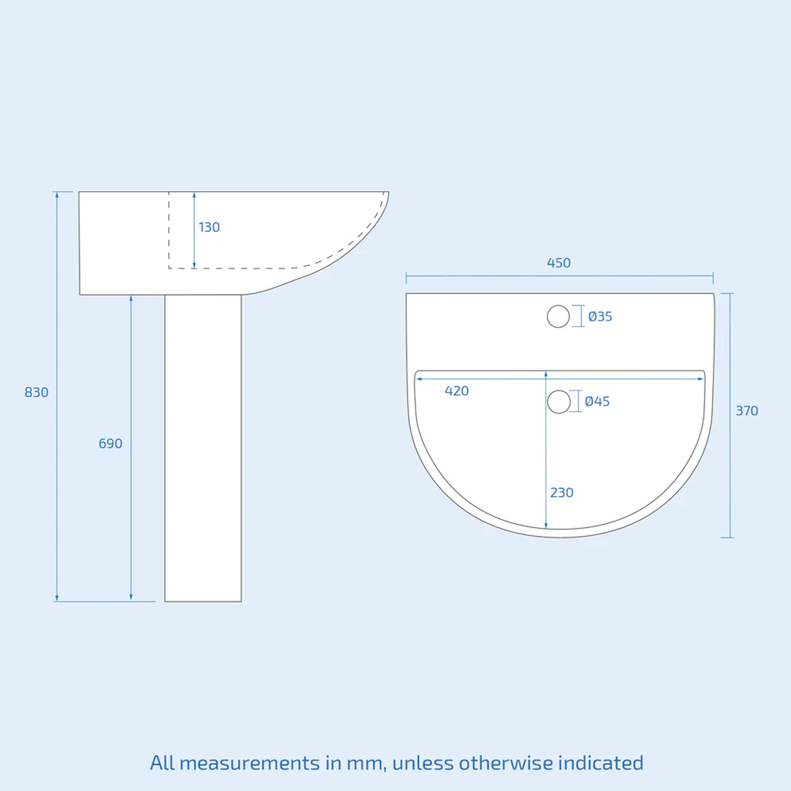 Modern White Round 450mm Slim Edge Full Pedestal Basin