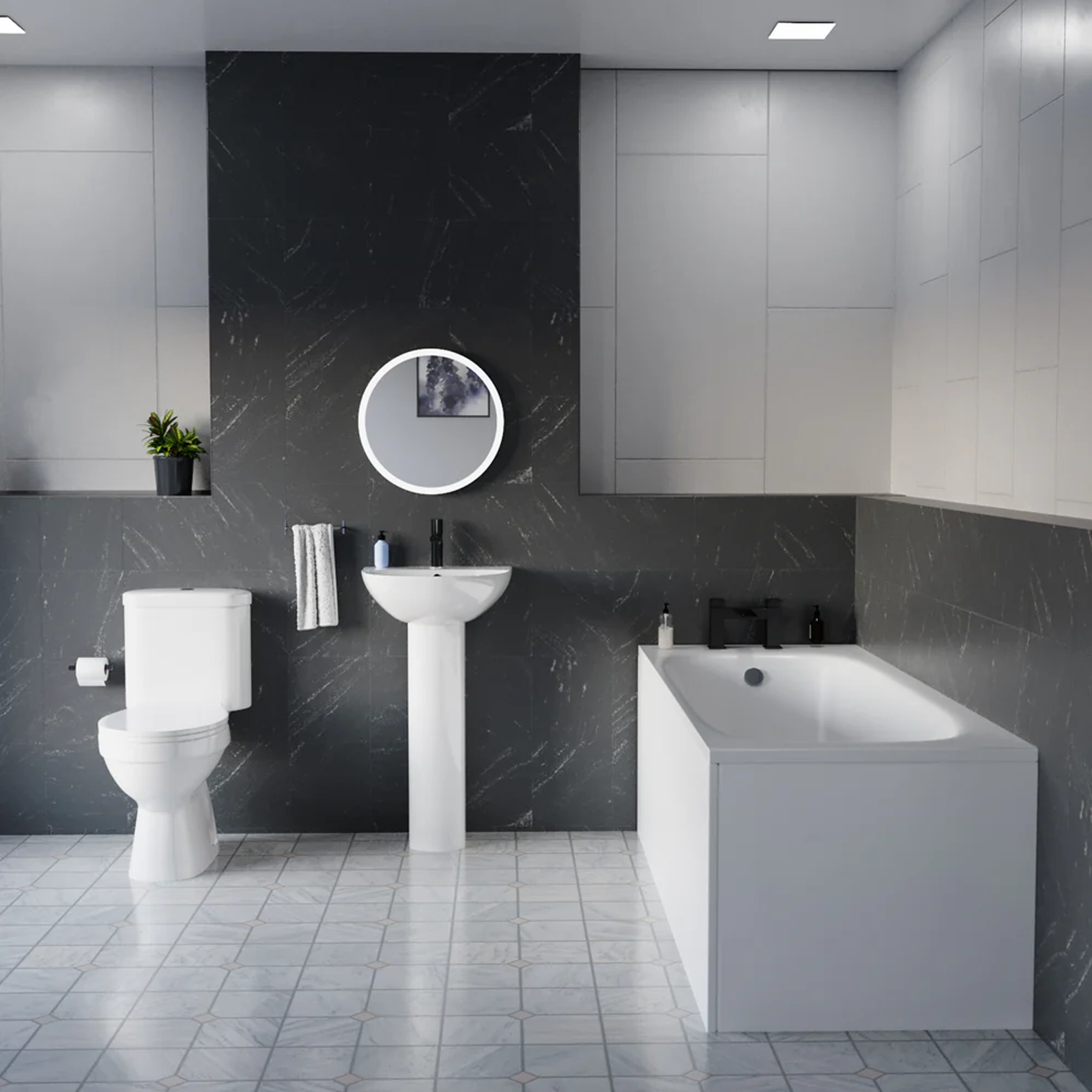 Graham White Close Coupled Toilet, 550mm Slim Edge Pedestal Basin & 1700mm Bath Set