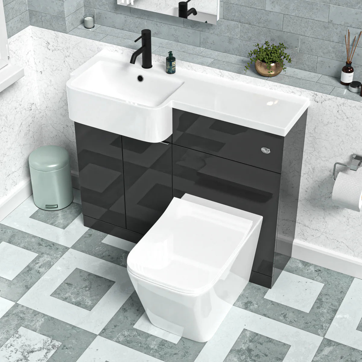 1000mm Left Hand Dark Grey Basin Vanity WC Unit Square BTW Toilet