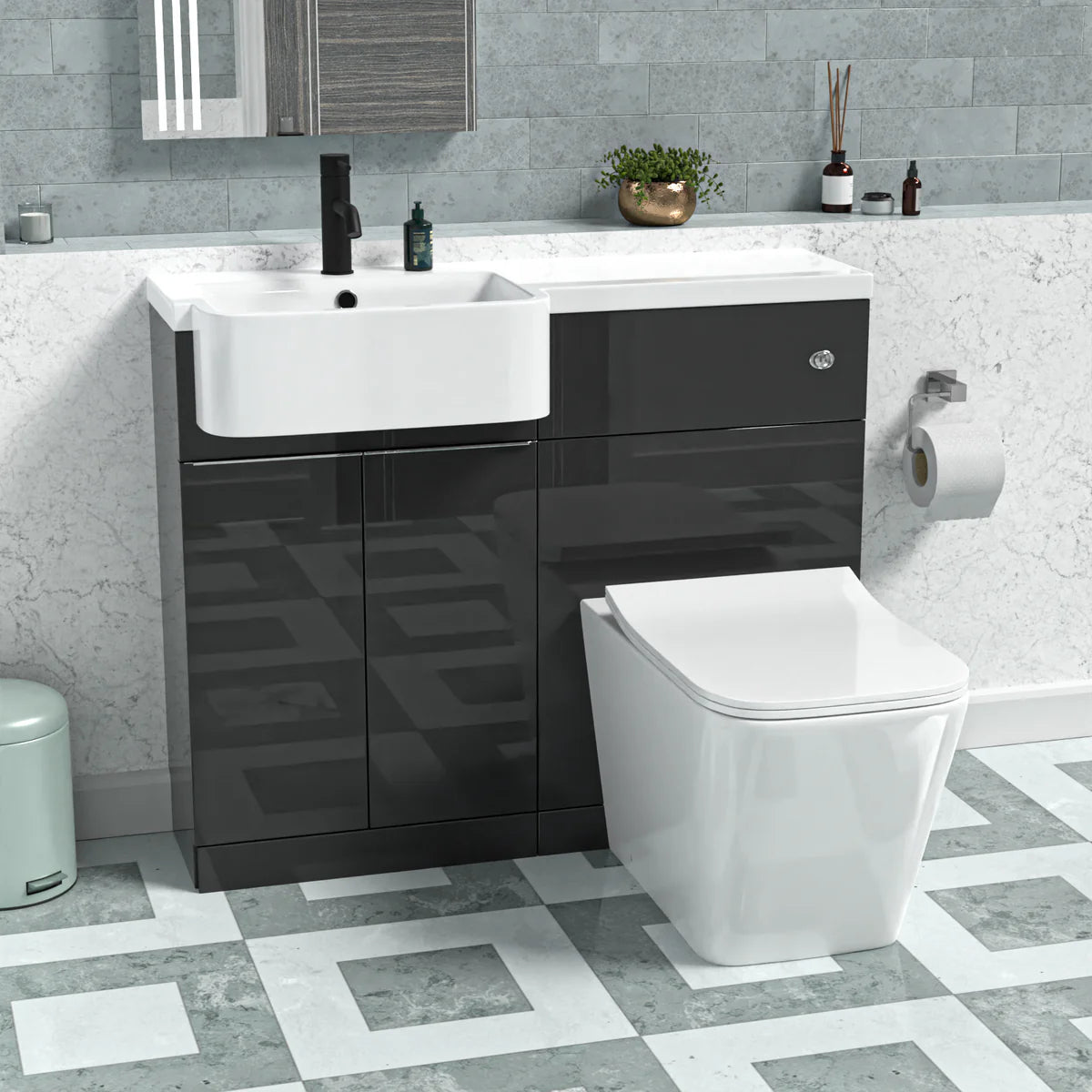 1000mm Left Hand Dark Grey Basin Vanity WC Unit Square BTW Toilet