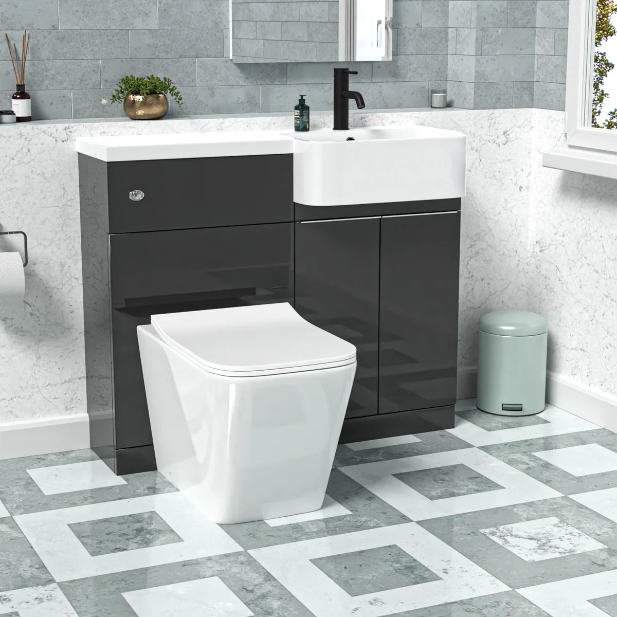 1000mm Right Hand Dark Grey Basin Vanity WC Unit Square BTW Toilet