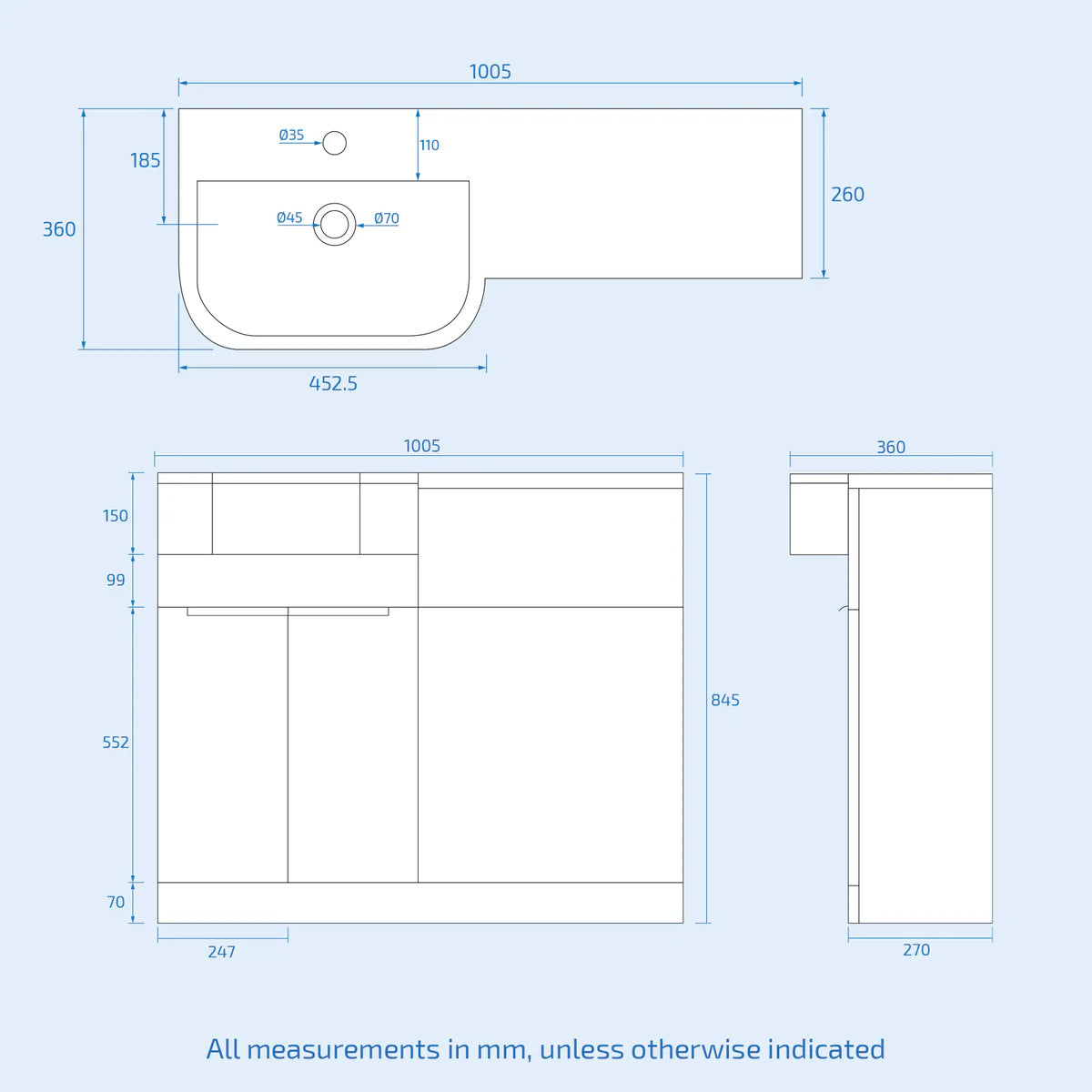 1000mm Left Hand Dark Grey Basin Vanity WC Unit Square BTW Toilet