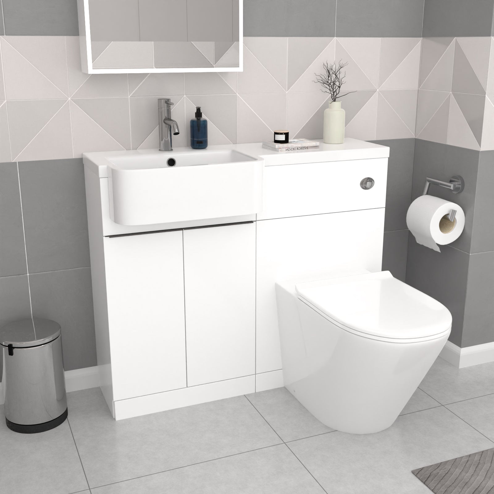 Bretford 1700mm White LH Basin Black Handle WC Unit BTW Toilet L-Shaped Bath & Panel Screen