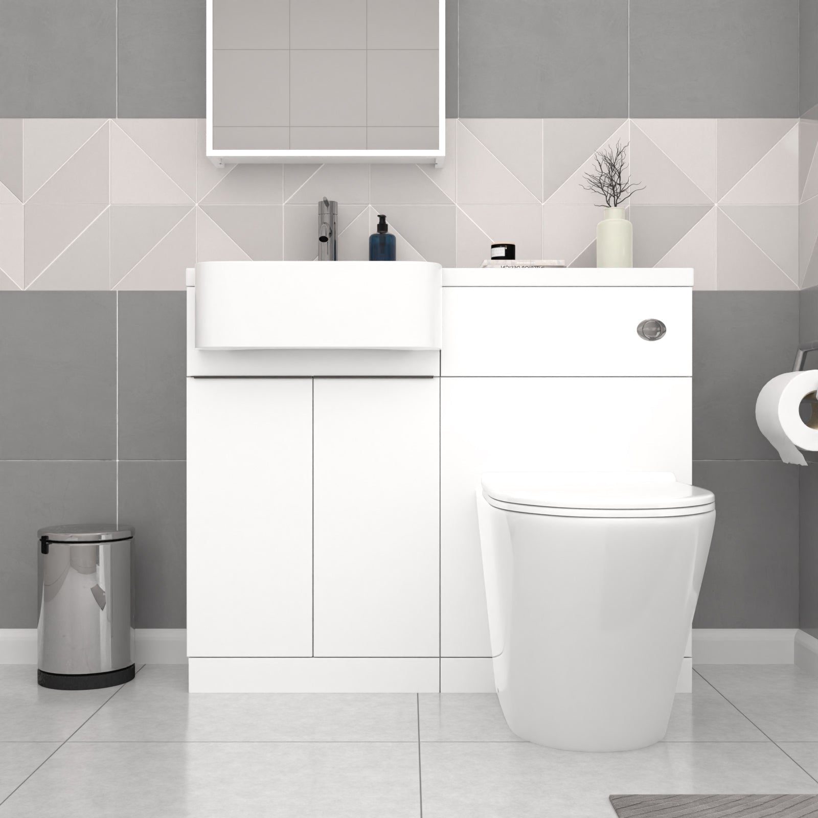 Bretford 1700mm White LH Basin Black Handle WC Unit BTW Toilet L-Shaped Bath & Panel Screen