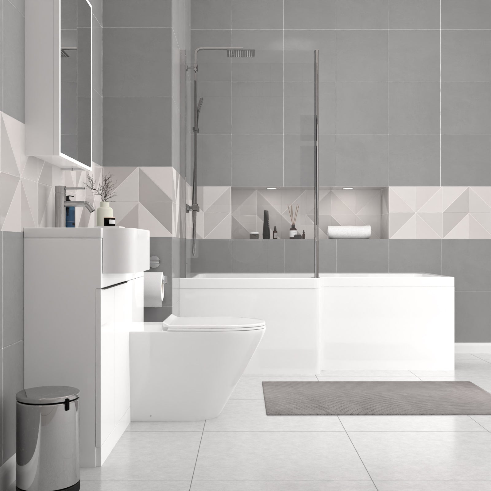 Bretford 1700mm White LH Basin Black Handle WC Unit BTW Toilet L-Shaped Bath & Panel Screen