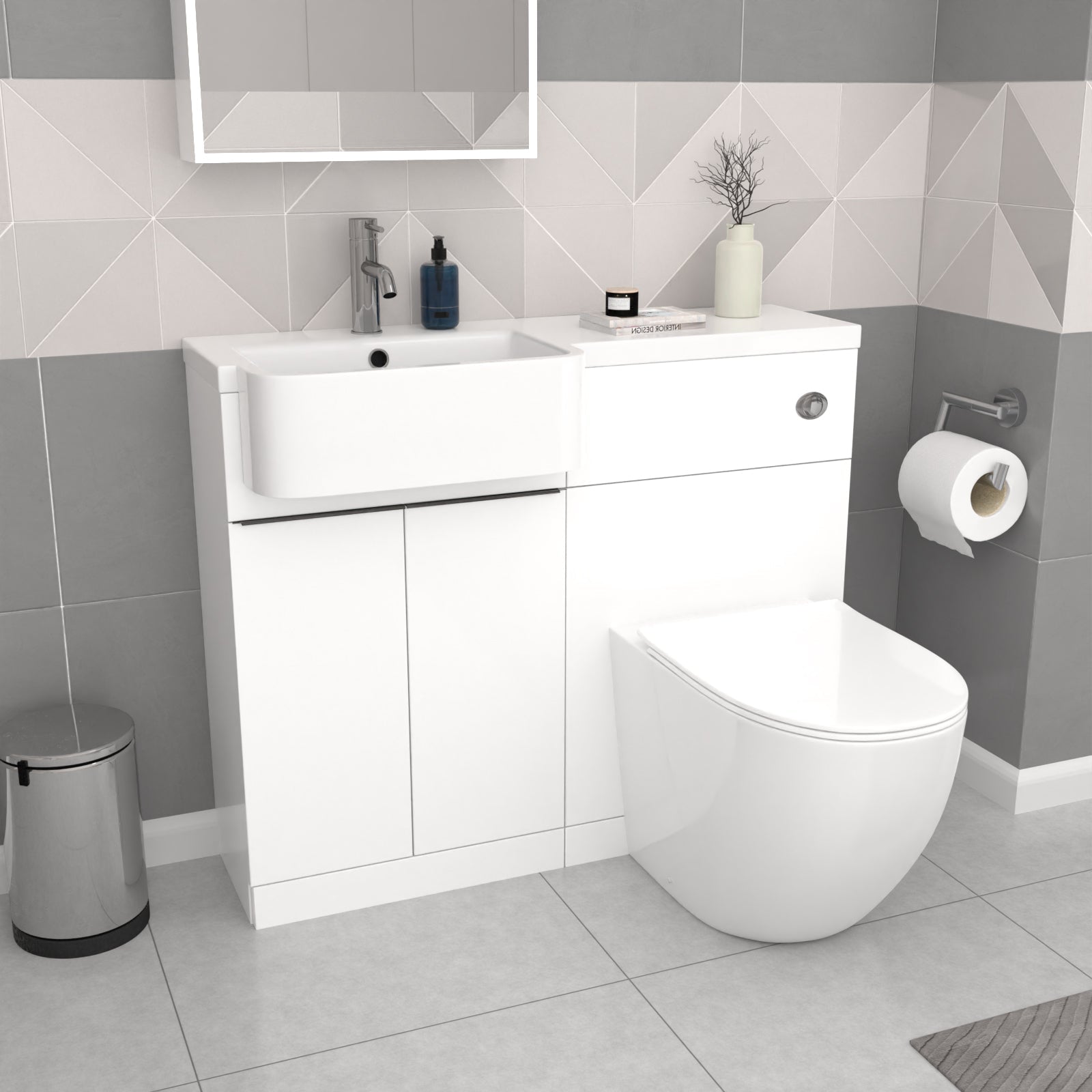 Bretford White L-Shaped LH 1700mm Shower Bath With Screen, Basin Vanity Unit With Black Handle & BTW Toilet Suite