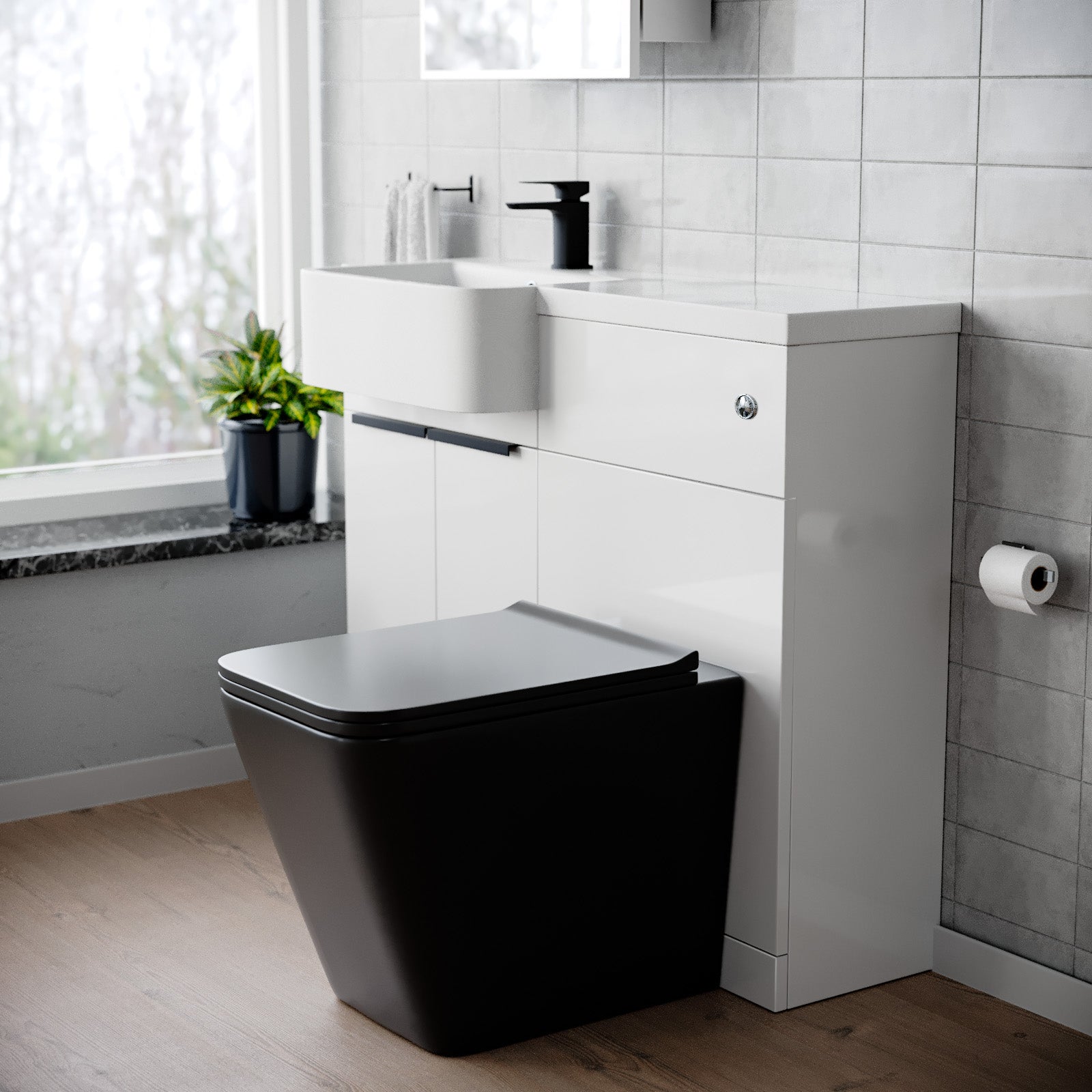 Bretford 1000mm LH Basin Vanity Black Handles, WC Unit & Square Black BTW Toilet