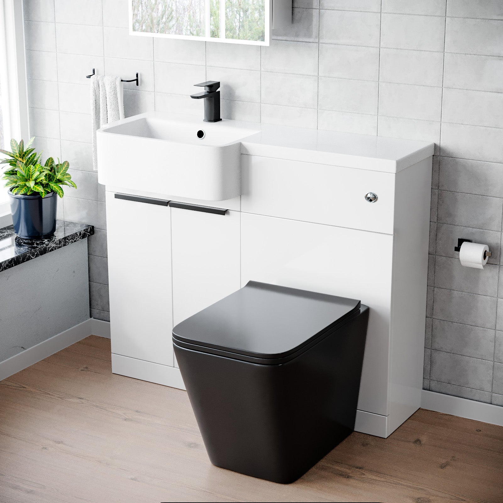 Bretford 1000mm LH Basin Vanity Black Handles, WC Unit & Square Black BTW Toilet