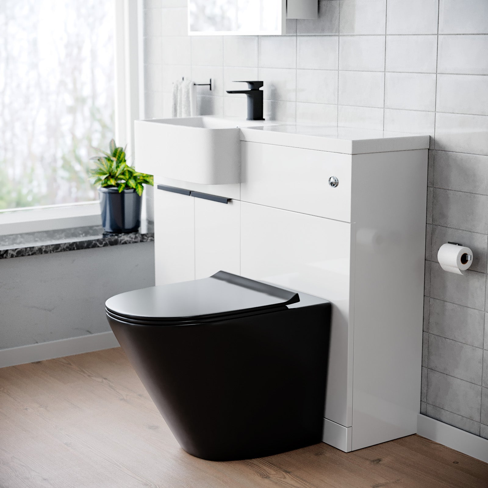 Bretford 1000mm LH Basin Vanity Black Handles, WC Unit & Square Black BTW Toilet