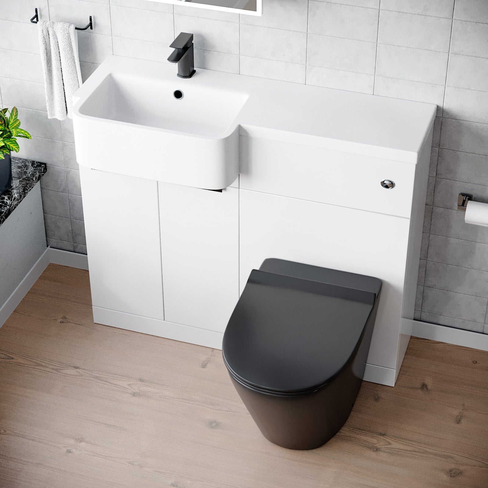Bretford 1000mm LH Basin Vanity Black Handles, WC Unit & Square Black BTW Toilet