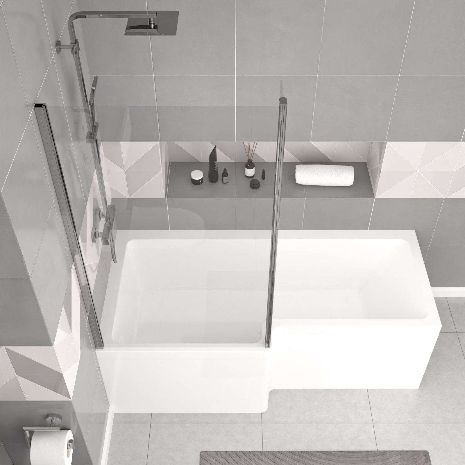 Bretford 1700mm White L-Shaped Shower Bath With Screen, Basin Vanity Unit With Handle & Round BTW Toilet Suite