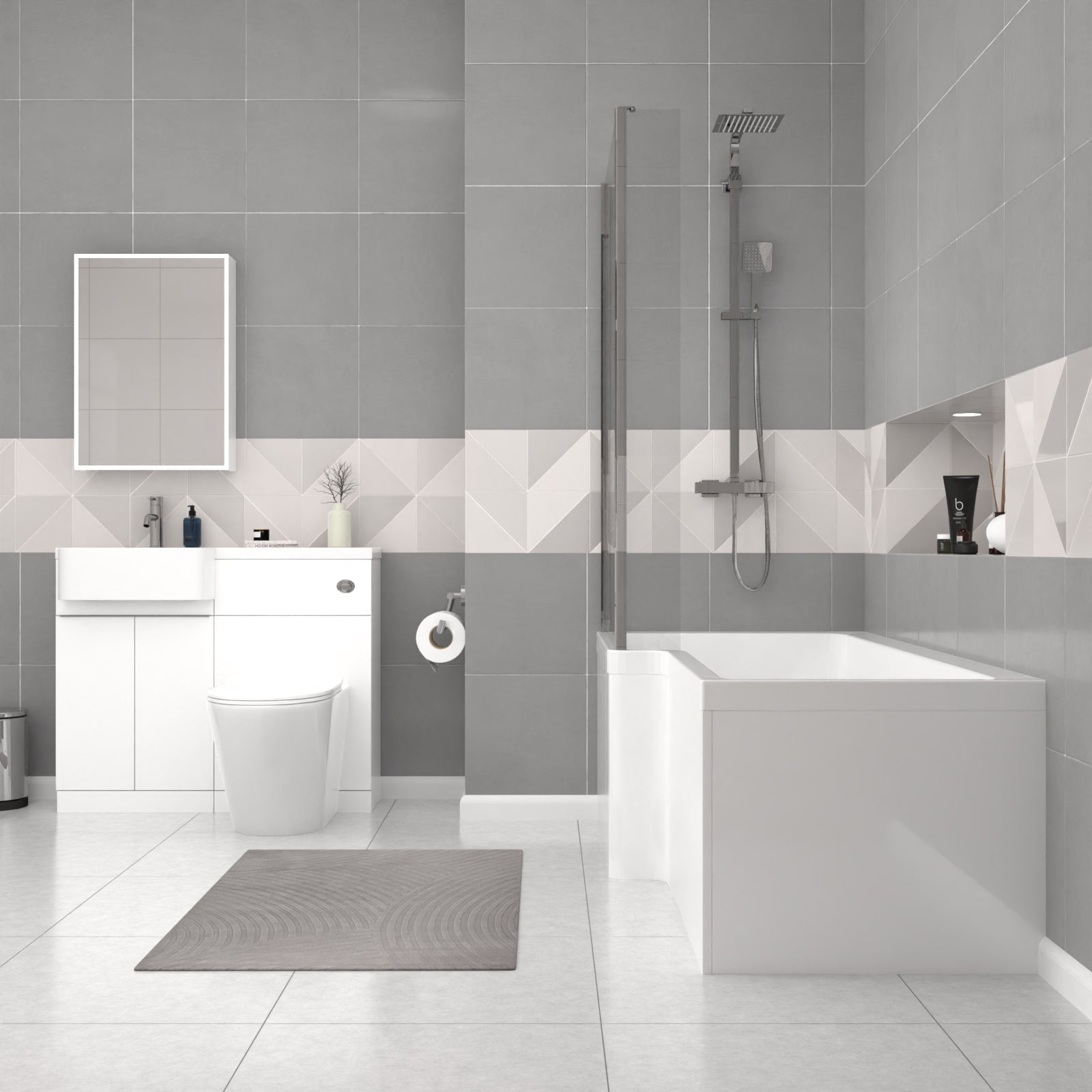 Bretford 1700mm White L-Shaped Shower Bath With Screen, Basin Vanity Unit With Handle & Round BTW Toilet Suite