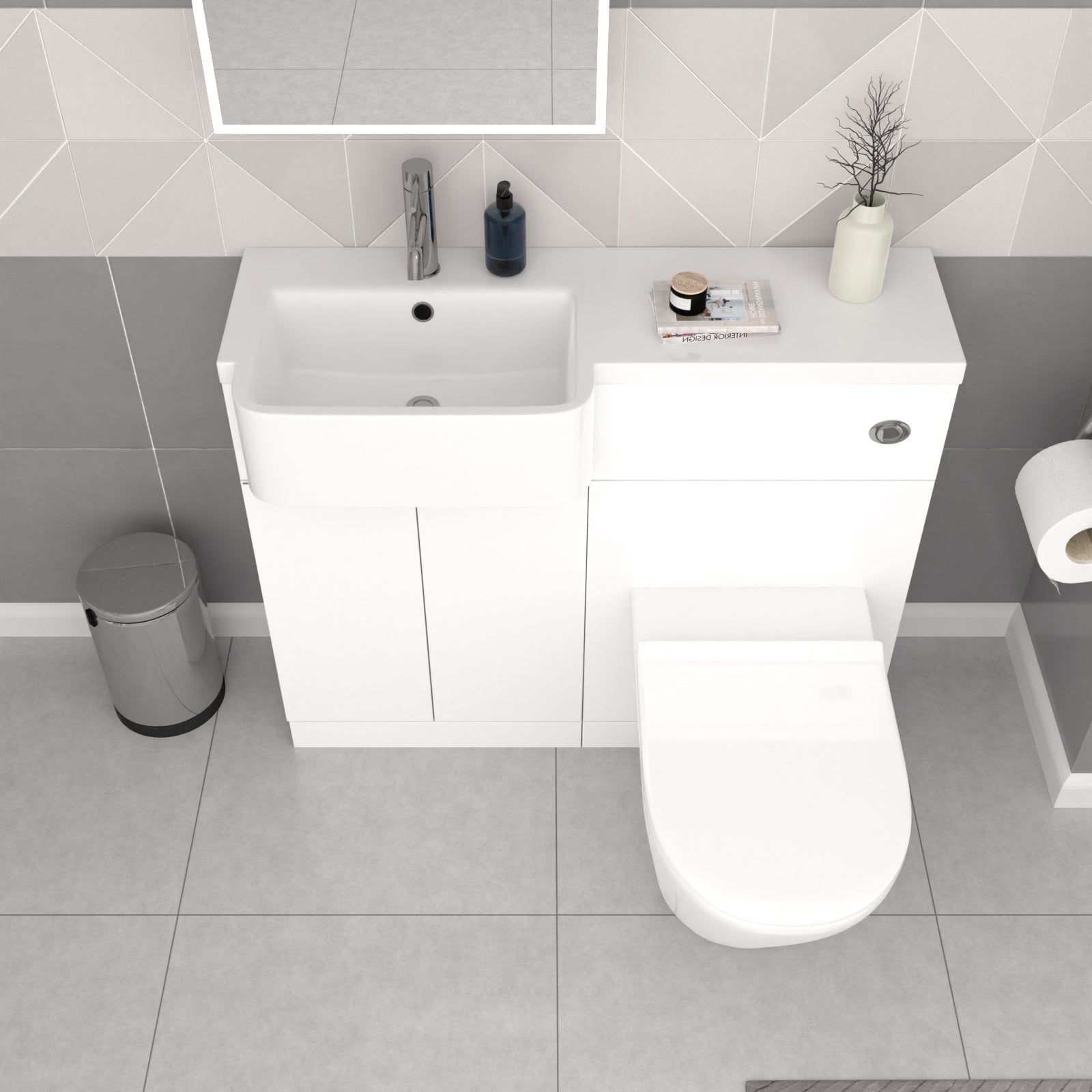 Bretford 1700mm White L-Shaped Shower Bath With Screen, Basin Vanity Unit With Handle & Round BTW Toilet Suite