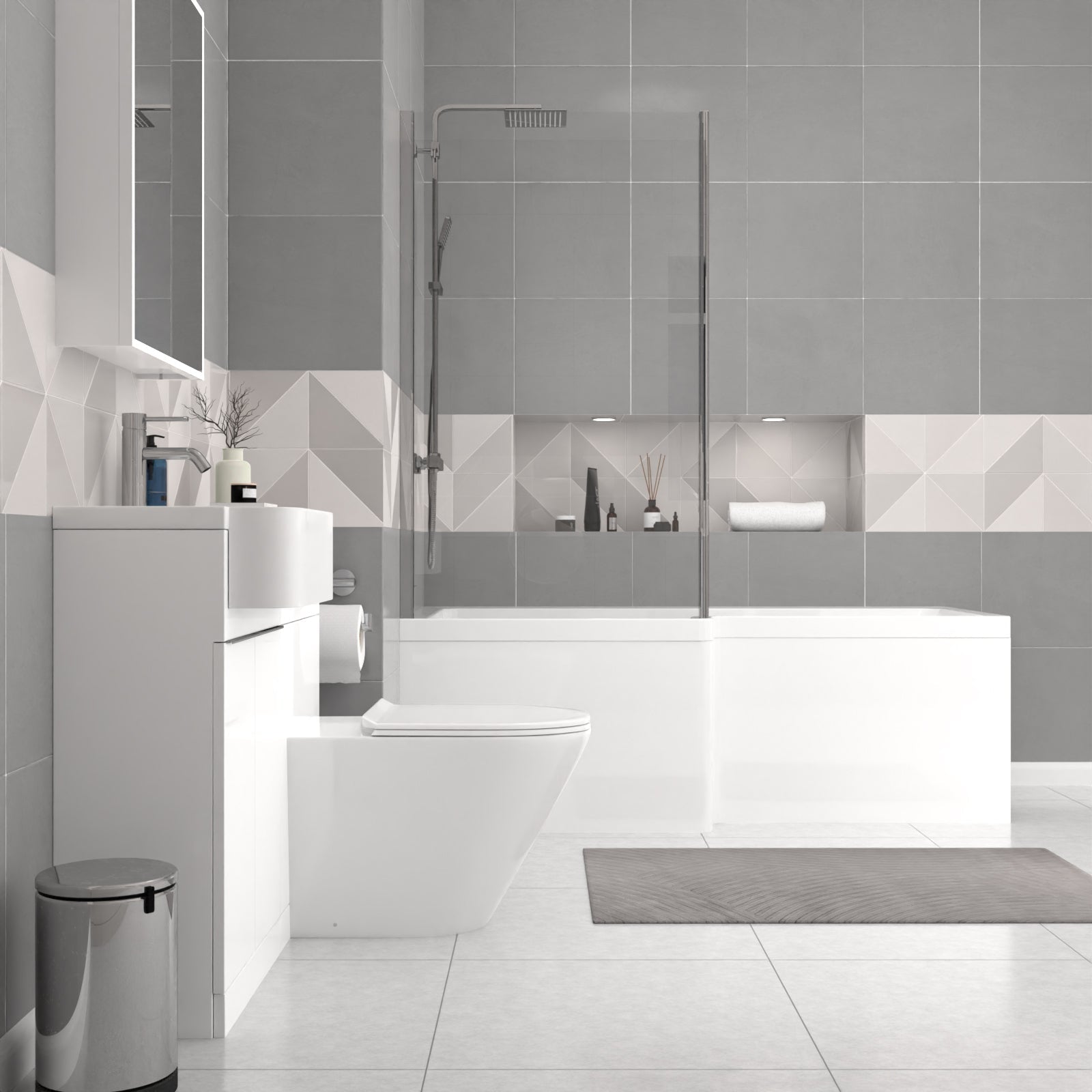 Bretford 1700mm White L-Shaped Shower Bath With Screen, Basin Vanity Unit With Handle & Round BTW Toilet Suite