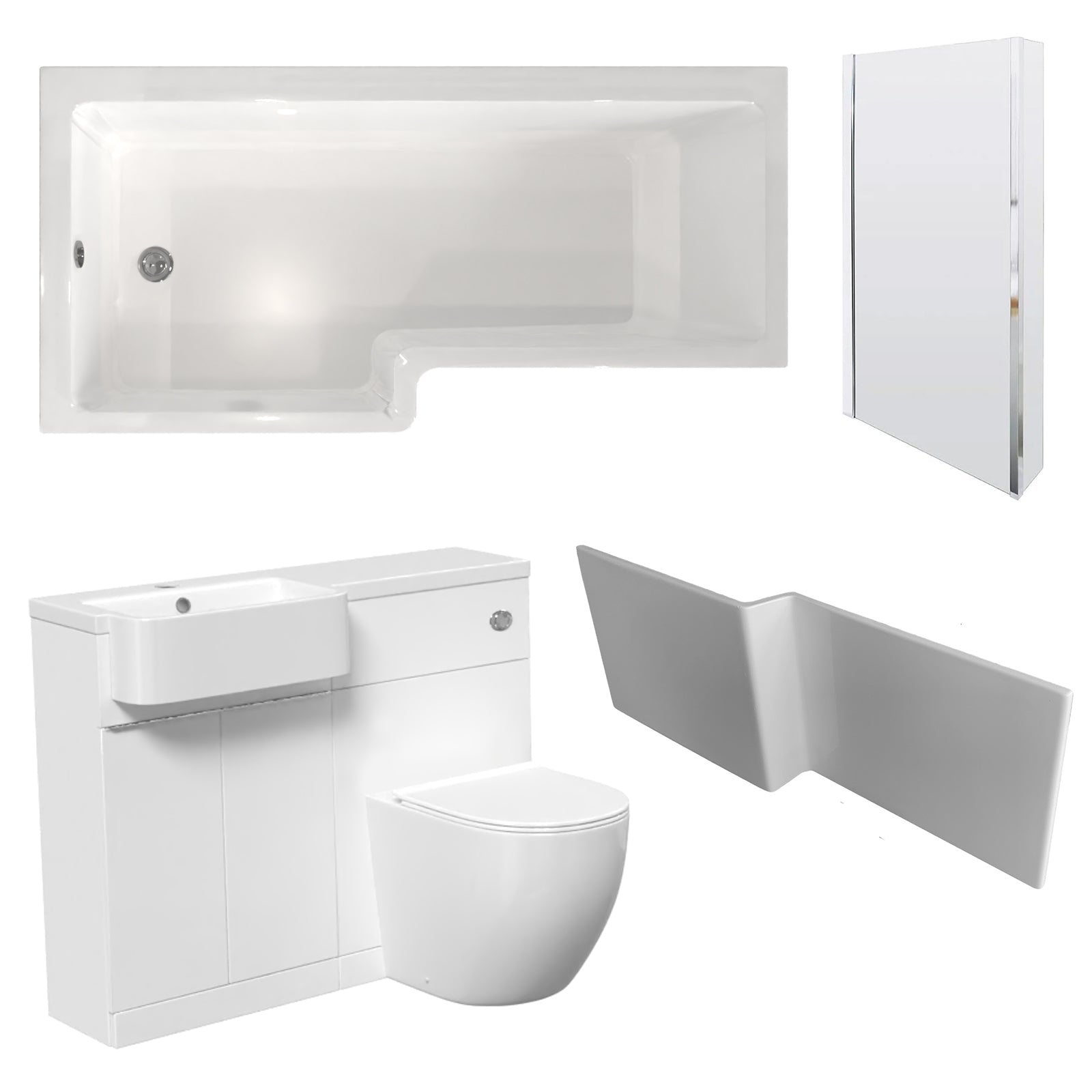 Bretford White L-Shaped LH 1700mm Shower Bath With Screen, Basin Vanity Unit With Handle & BTW Toilet Suite