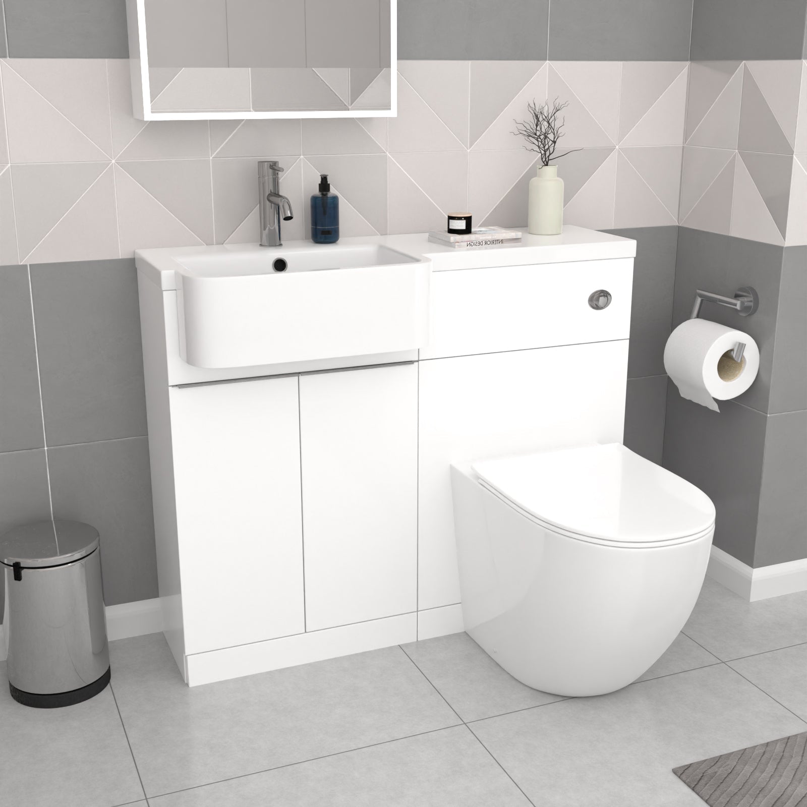 Bretford White L-Shaped LH 1700mm Shower Bath With Screen, Basin Vanity Unit With Handle & BTW Toilet Suite
