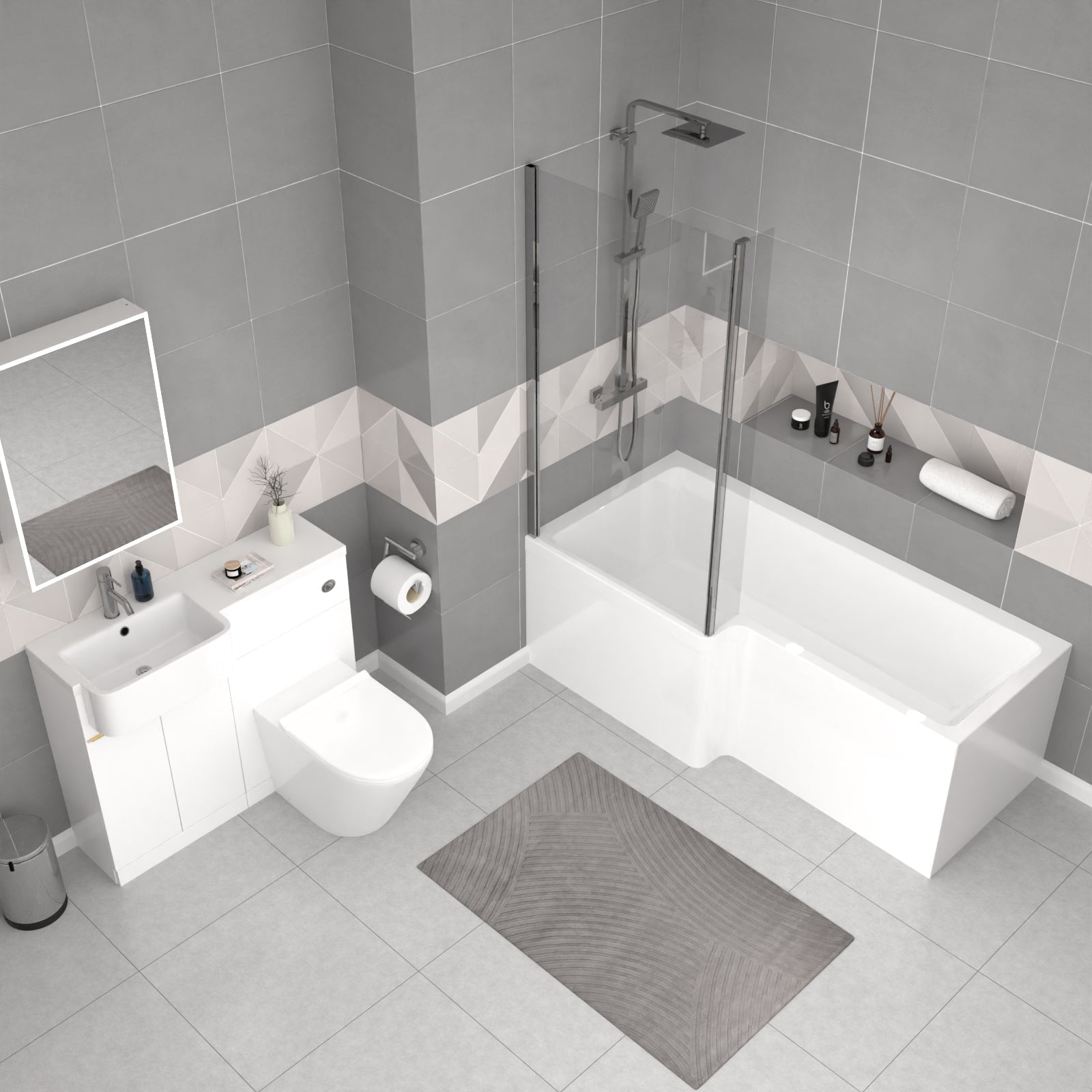 Bretford White L-Shaped LH 1700mm Shower Bath With Screen, Basin Vanity Unit With Brass Handle & Round BTW Toilet Suite