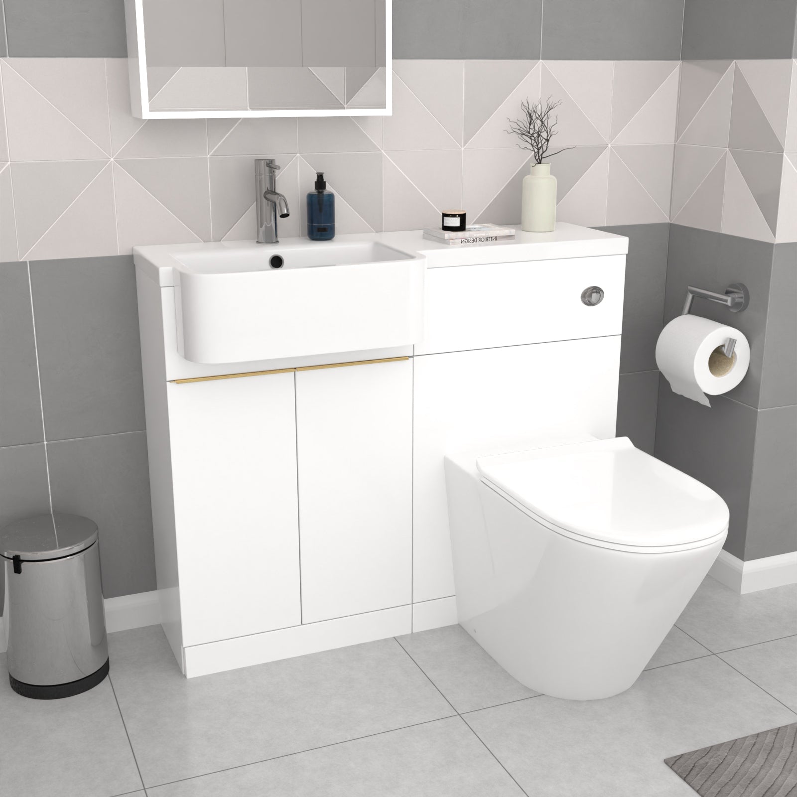 Bretford White L-Shaped LH 1700mm Shower Bath With Screen, Basin Vanity Unit With Brass Handle & Round BTW Toilet Suite
