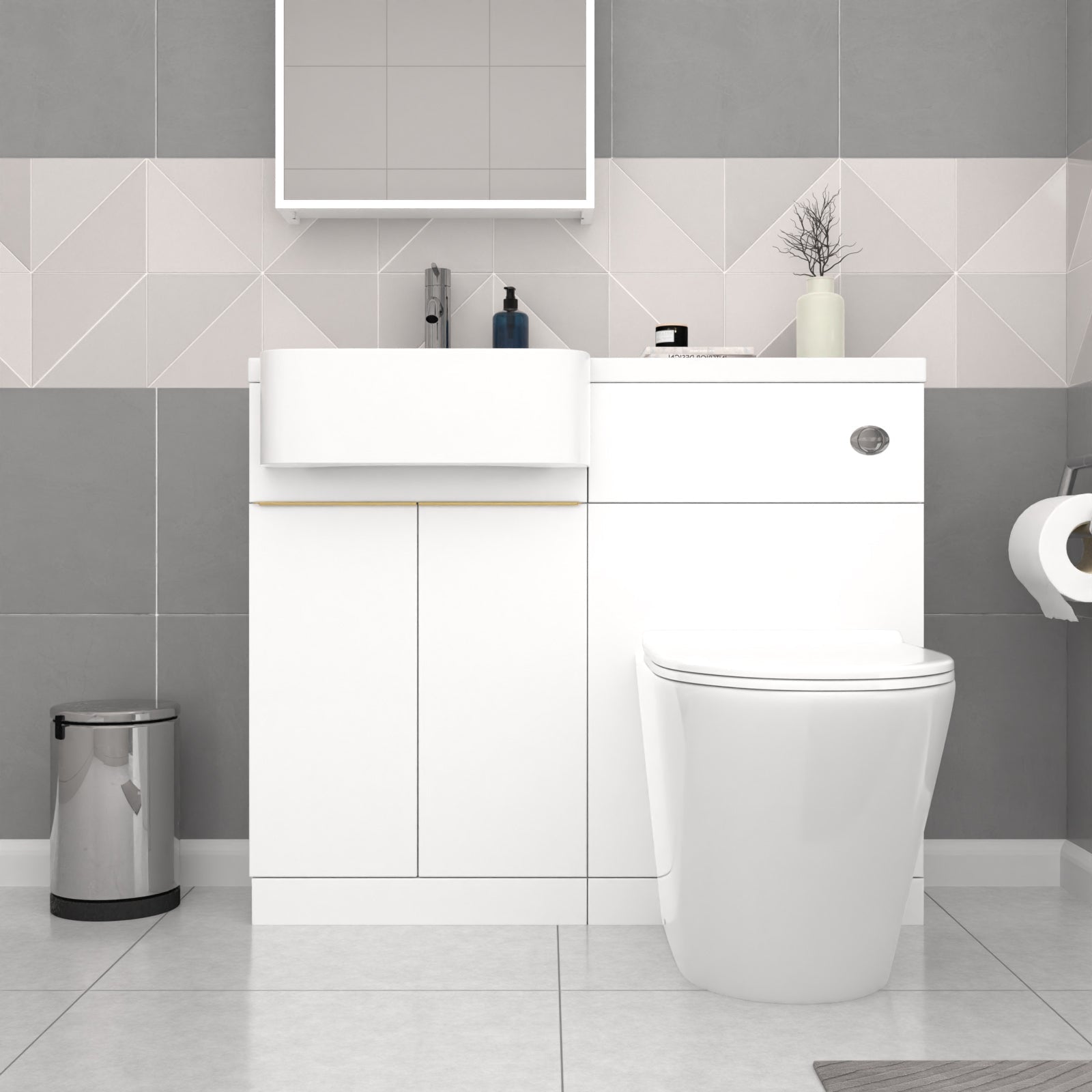 Bretford White L-Shaped LH 1700mm Shower Bath With Screen, Basin Vanity Unit With Brass Handle & Round BTW Toilet Suite