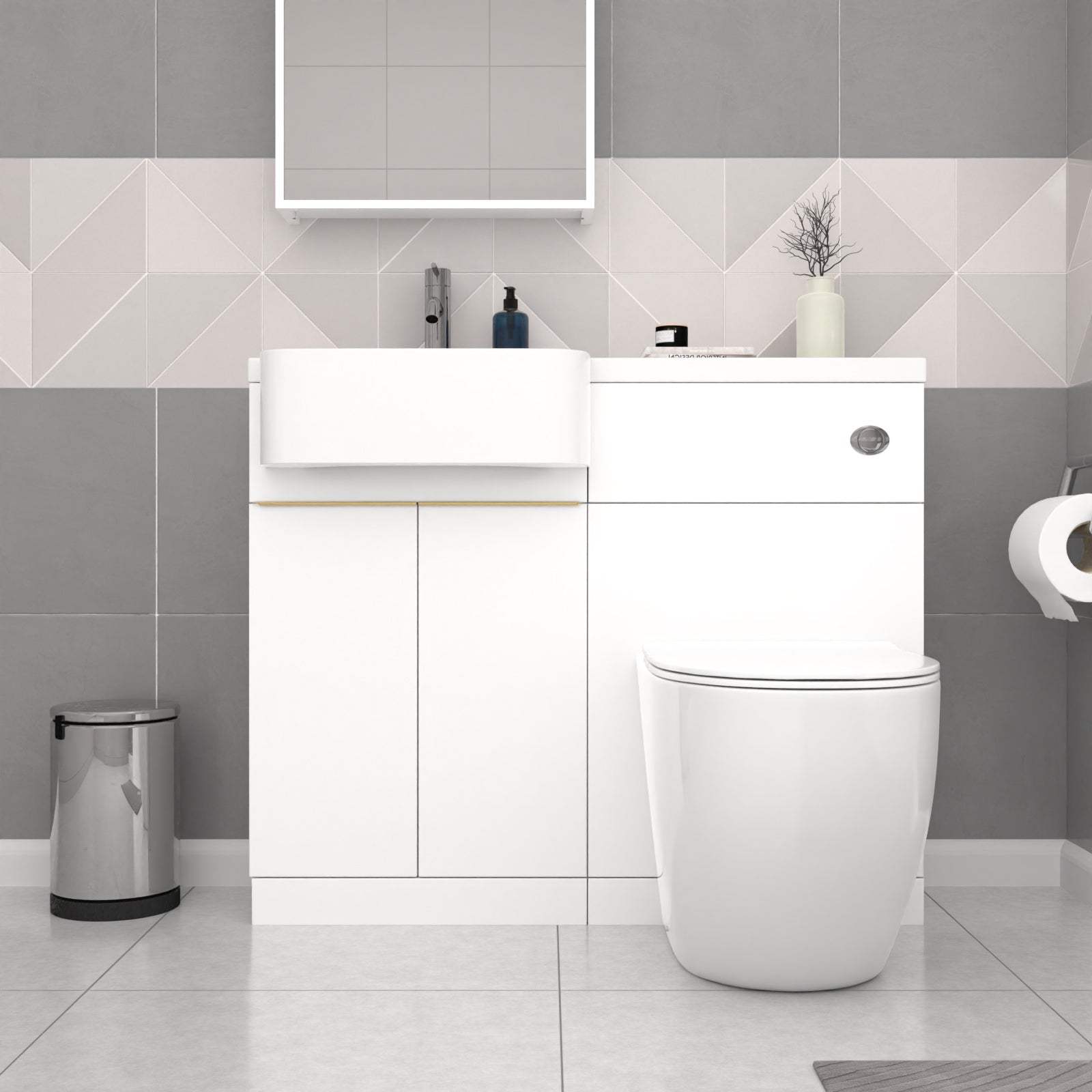 Bretford White L-Shaped LH 1700mm Shower Bath With Screen, Basin Vanity Unit With Brass Handle & BTW Toilet Suite