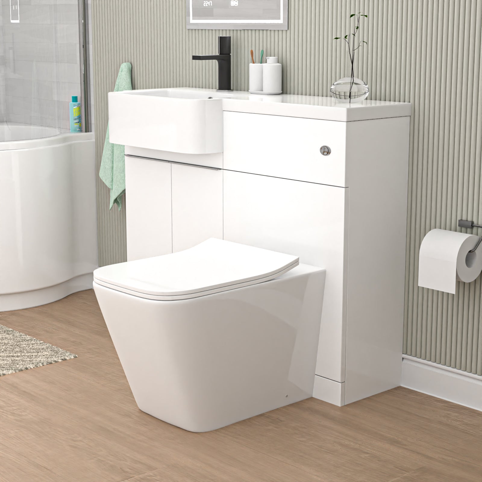 Modern bathroom with a toilet and vanity unit against a striped wall.