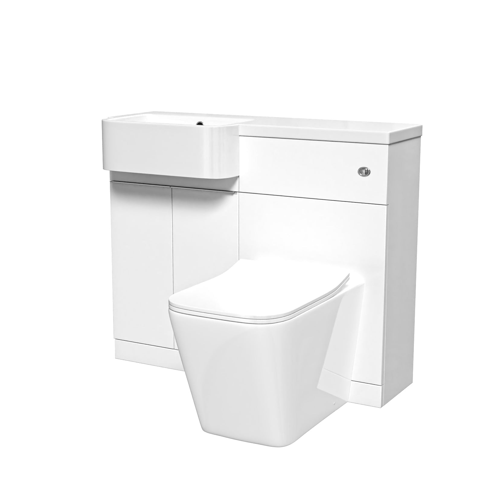 White bathroom vanity unit with toilet on a white background