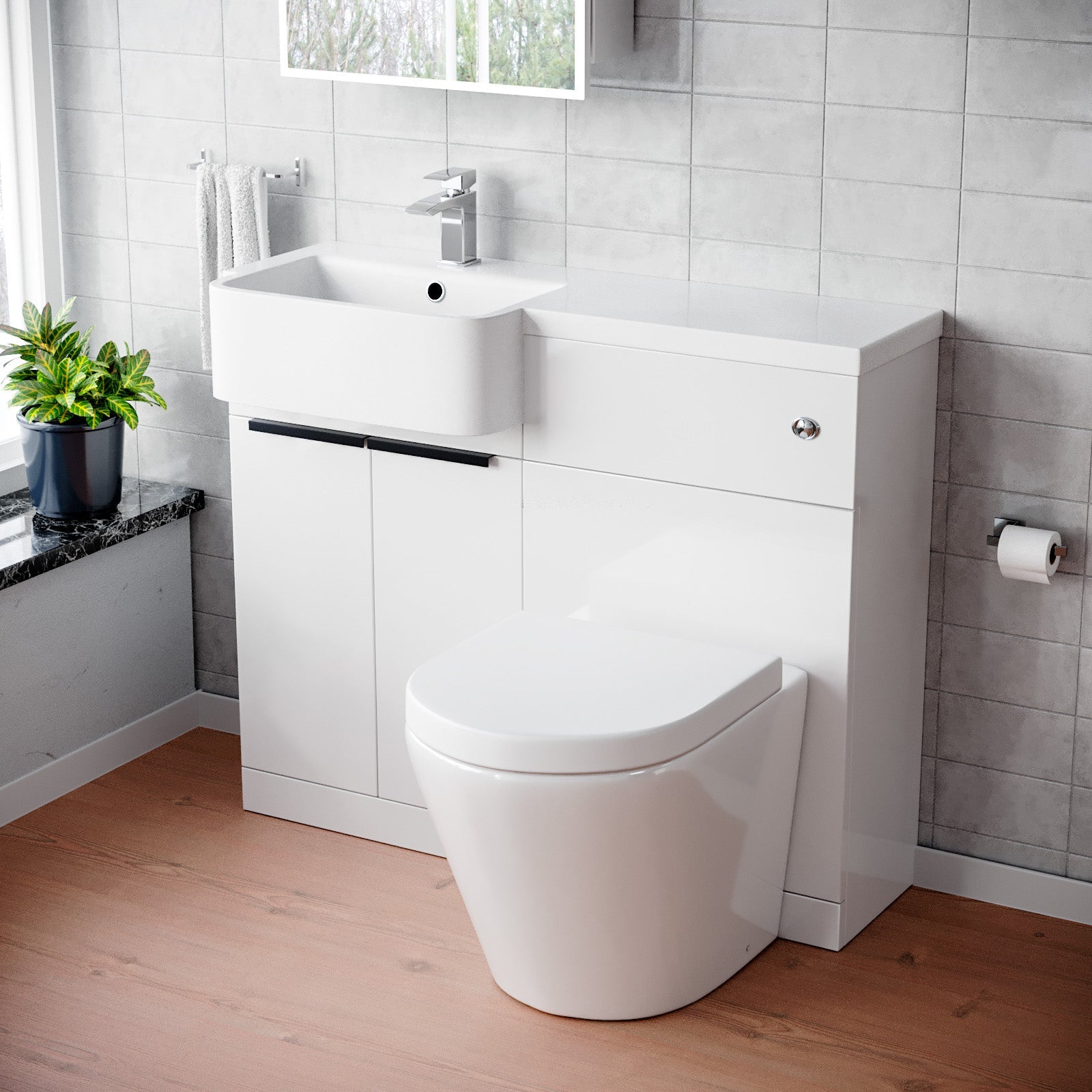 Bretford Basin Vanity Unit, With Black Handle, WC Unit & Rimless Toilet