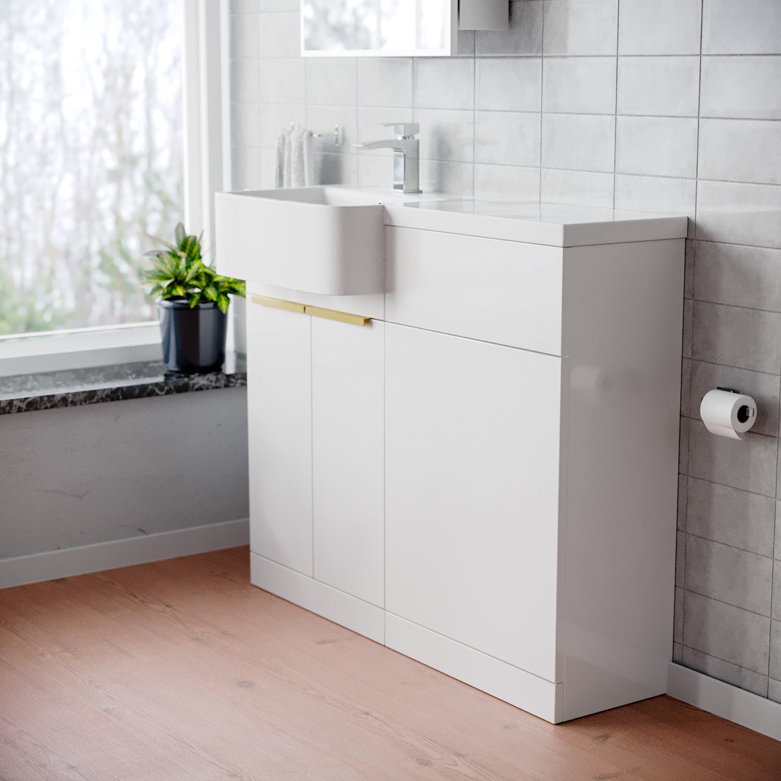 Bretford Freestanding Basin Vanity Unit With Brushed Brass Handle & WC Unit